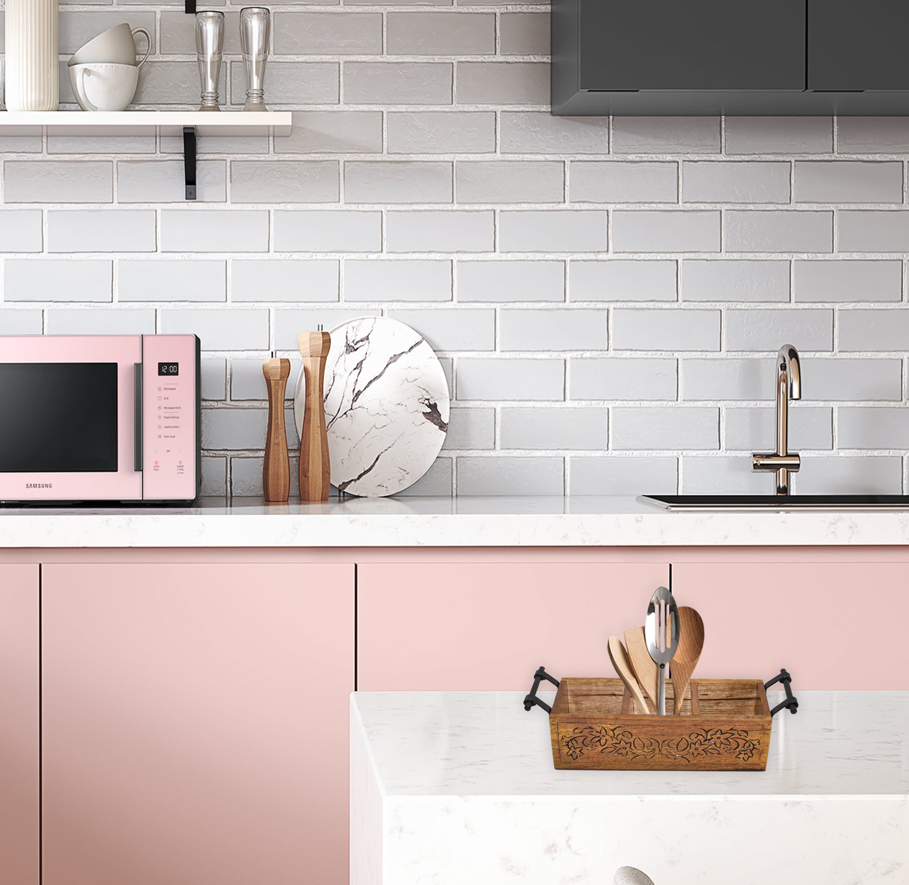 Wooden Carved, Utensil Caddy (GD1699F)