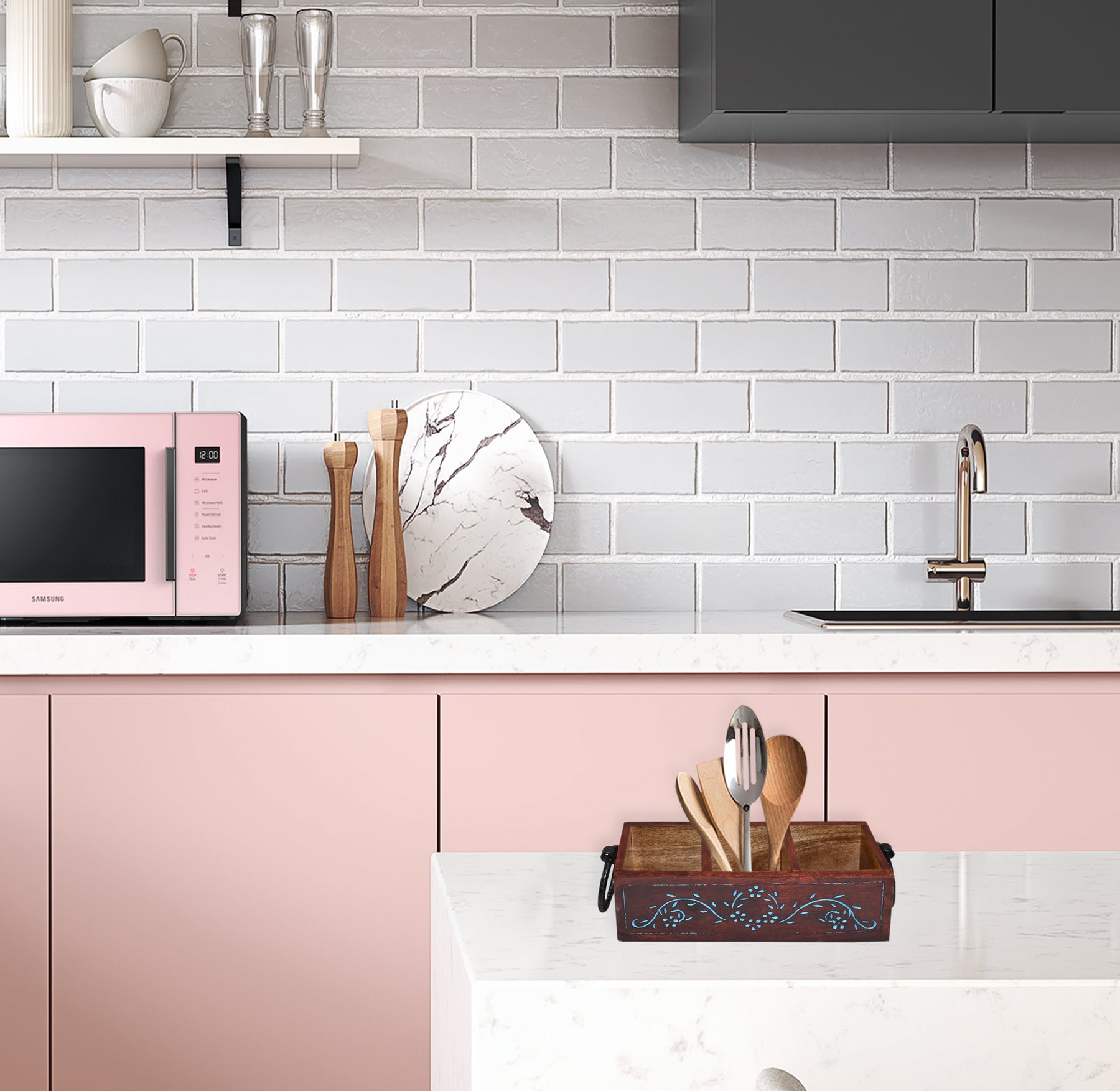 Wooden Carved, Utensil Caddy (GD1699G)