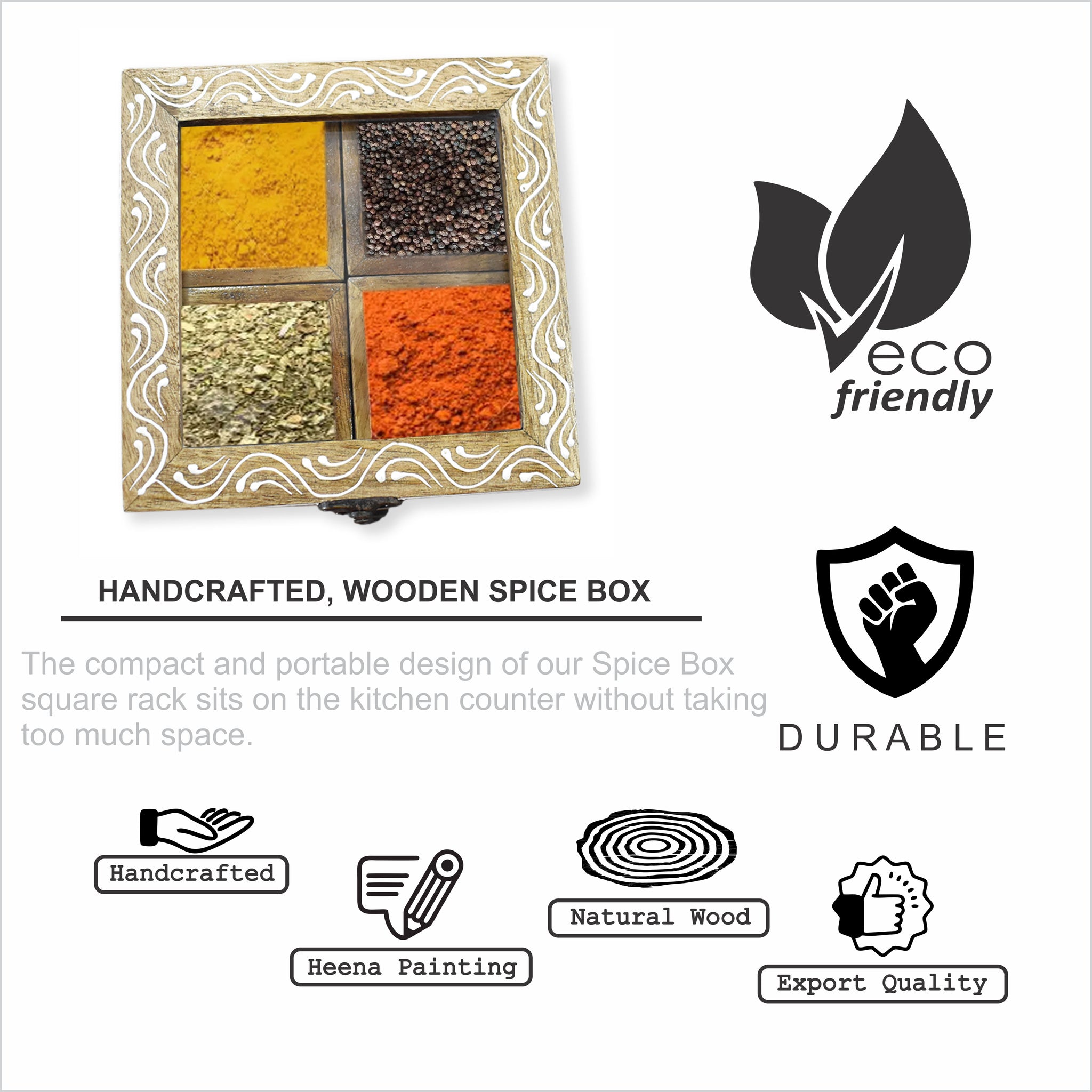 Handcrafted, Wooden Spice Box with Heena Painting (GD2300)