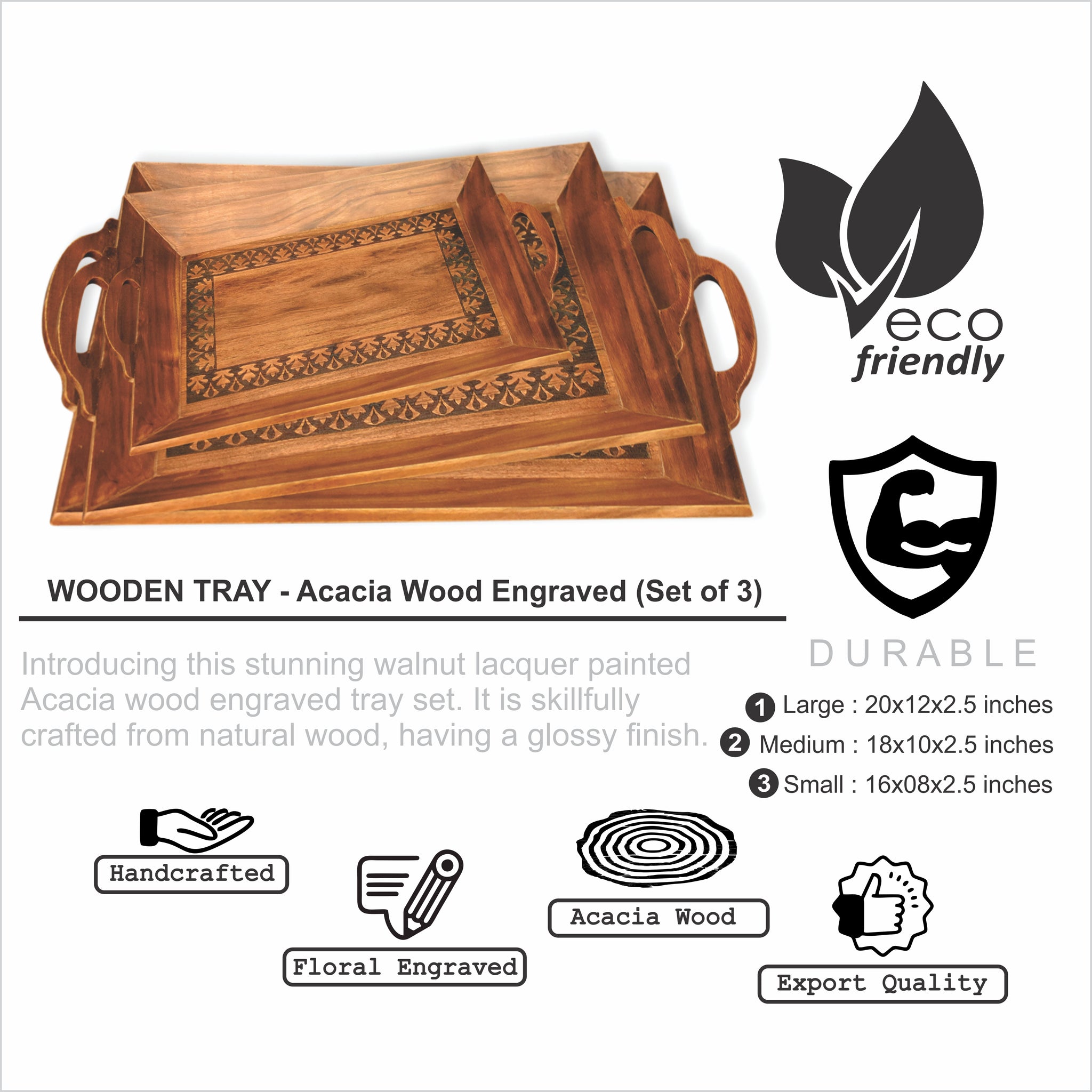 Acacia Wooden Carved Serving Tray Set (GD2283)