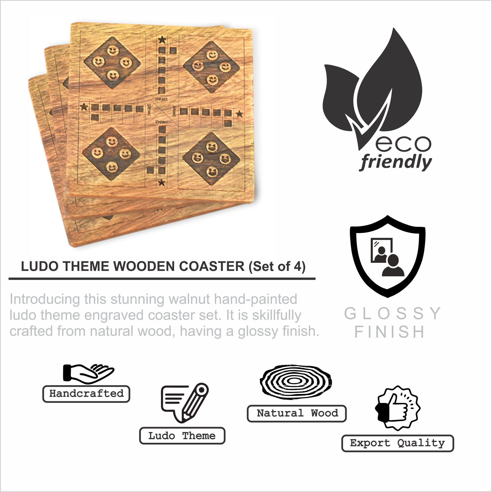 Wooden Engraved Coaster Set - Ludo Theme (GD2281)