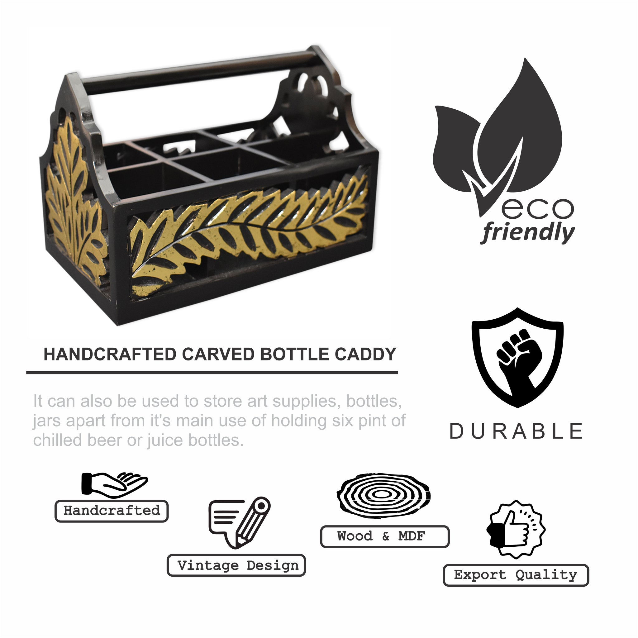 Wooden Handcrafted, Carved Bottle Caddy (GD2294)