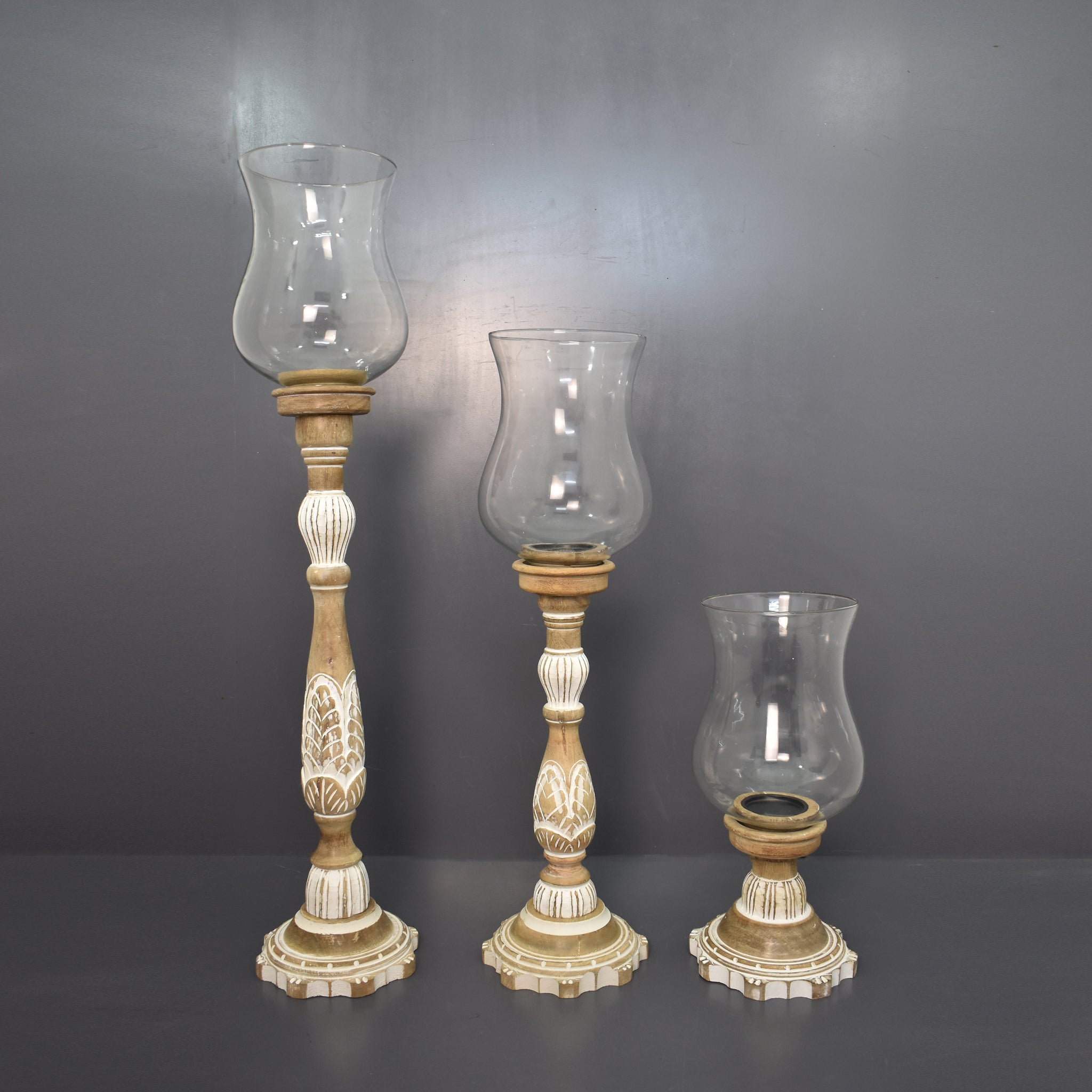 Wooden Carved Vintage Hurricane Candle Holder, Set of 3 (GD1963B)
