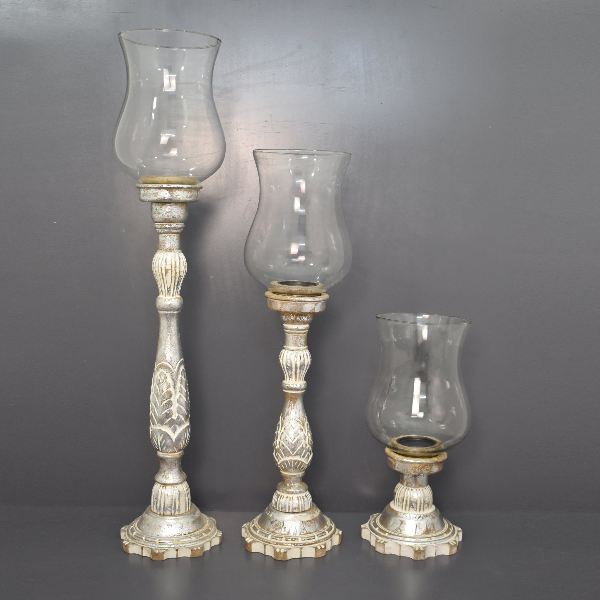 Wooden Carved Vintage Hurricane Candle Holder, Set of 3 (GD1963A)