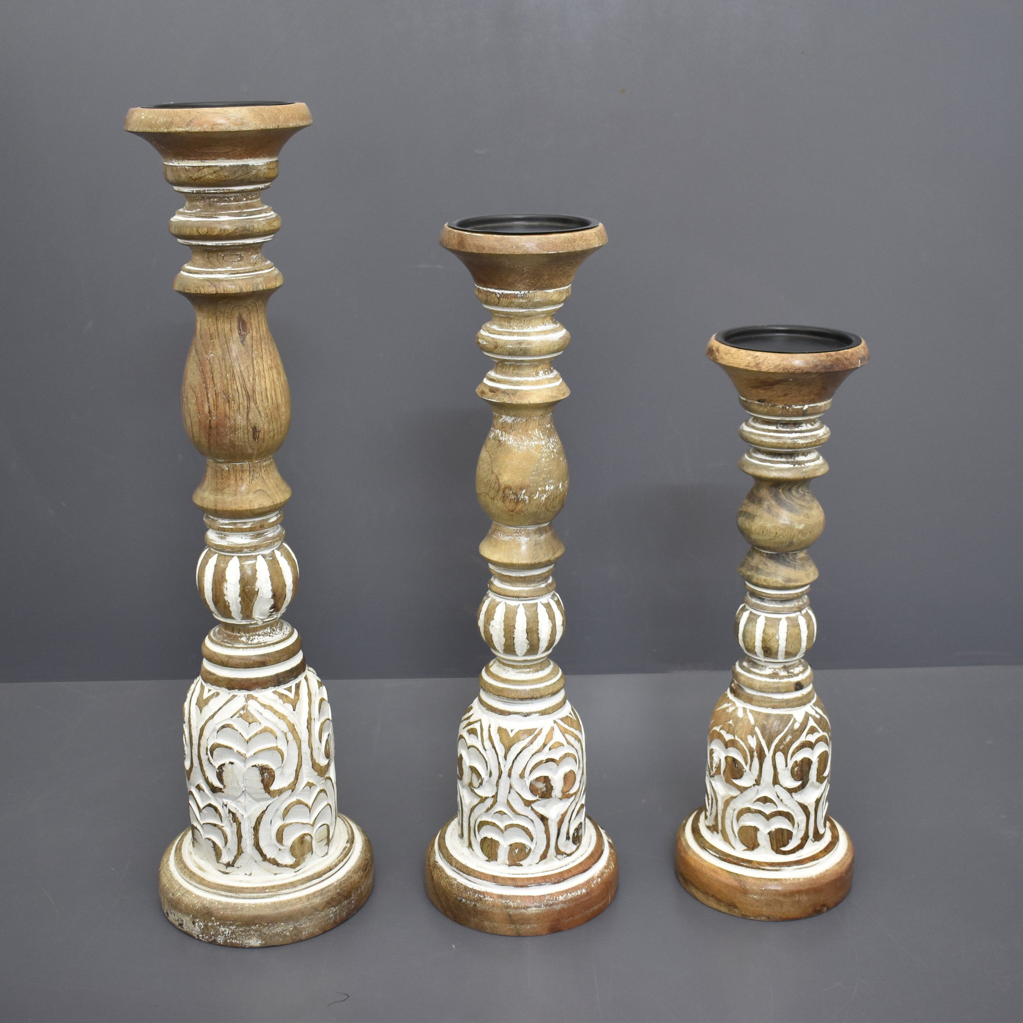 Wooden Carved Antique Candle Holders, Set of 3 (GD1786)