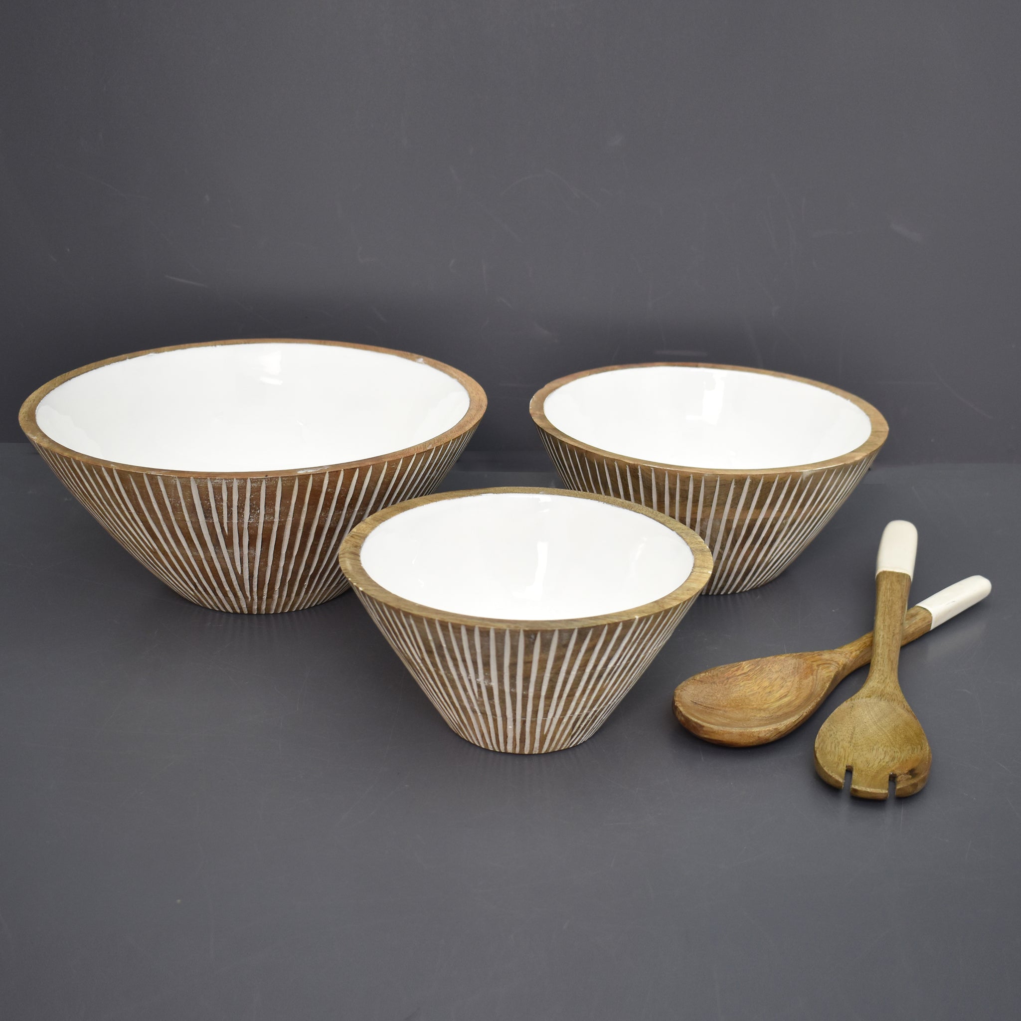 Wooden Carved Bowls with Servers, Set of 3 (GD1898)