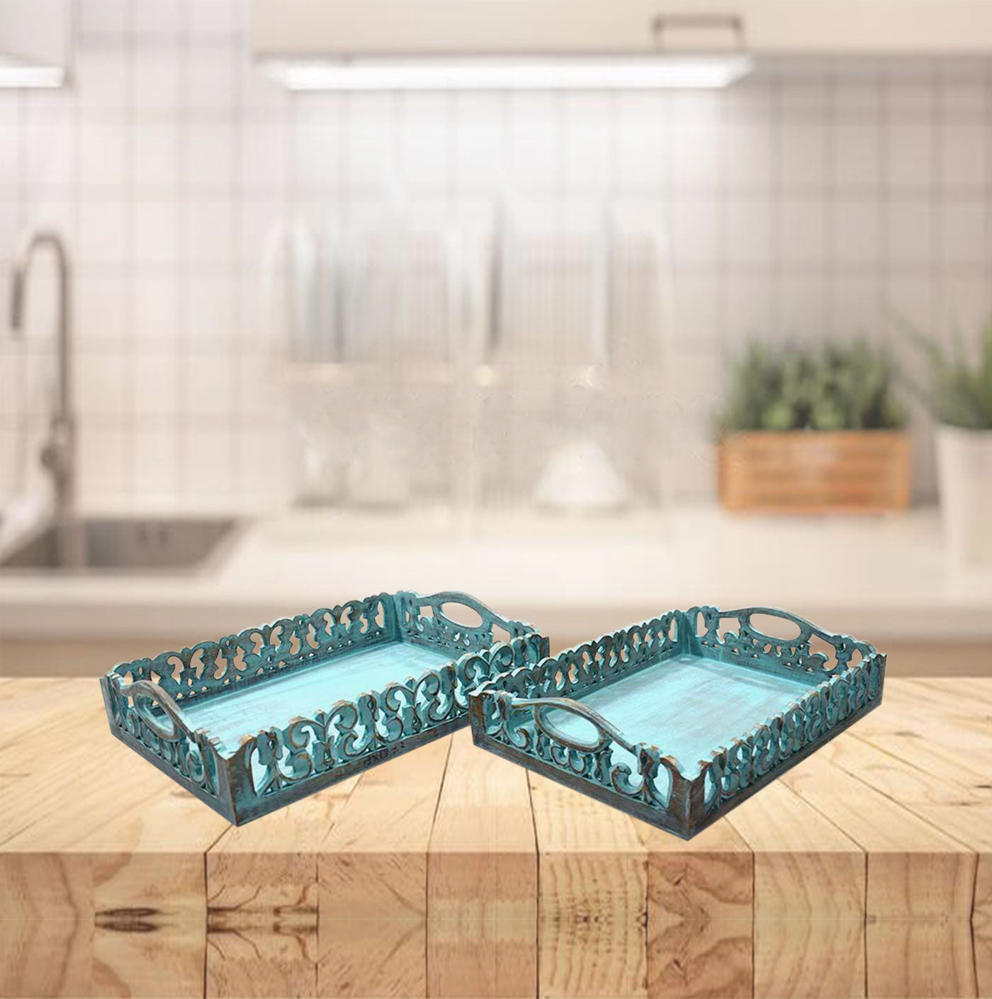 Turquoise Wooden Tray Set  (GD1297)