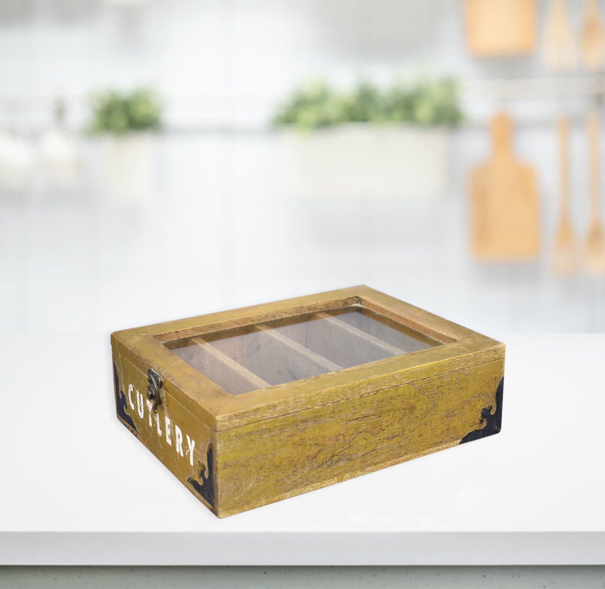 Wooden Engraved Cutlery Box with Metal Cladding (GD1833)