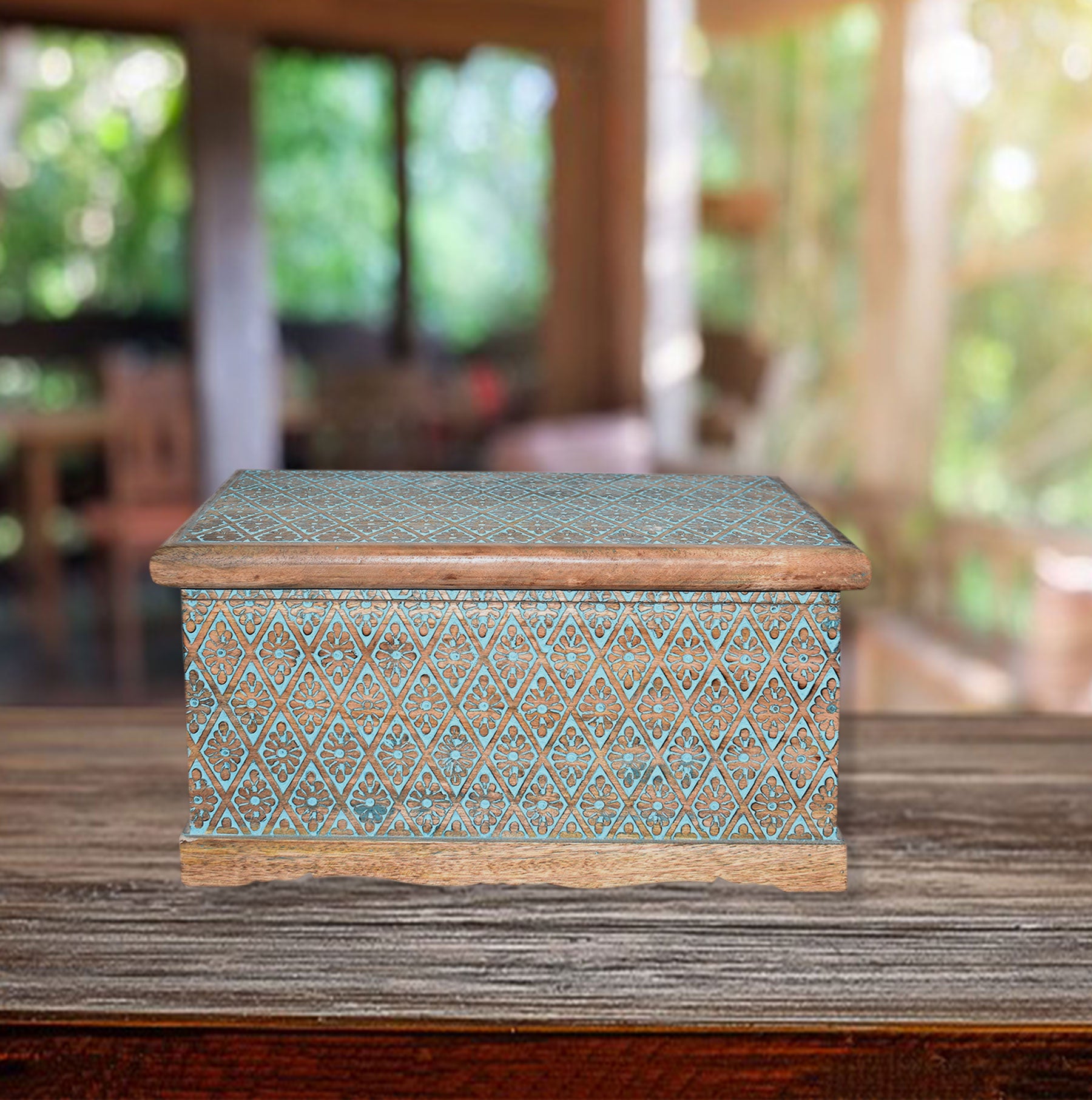 Wooden Carved Turquoise Trunk (GD1647)