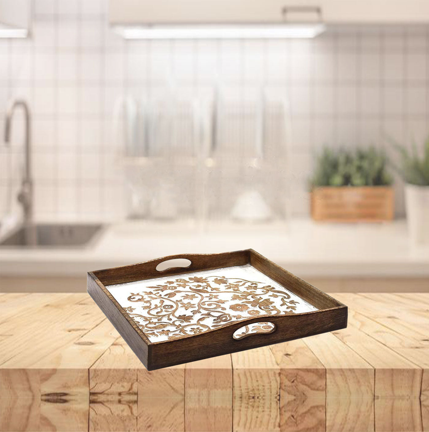 Wooden Carved Floral Tray (GD1290)