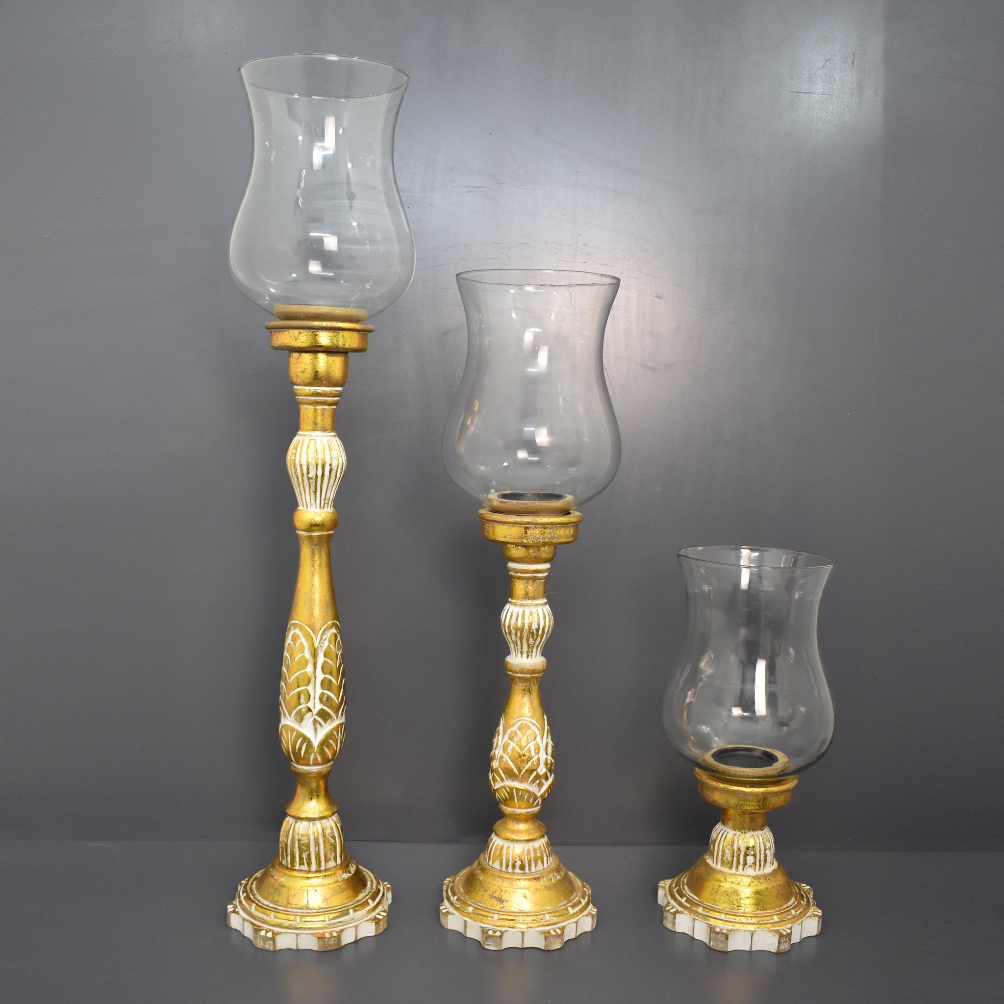 Wooden  Carved Vintage Hurricane Candle Holder, Set of 3 (GD1963)