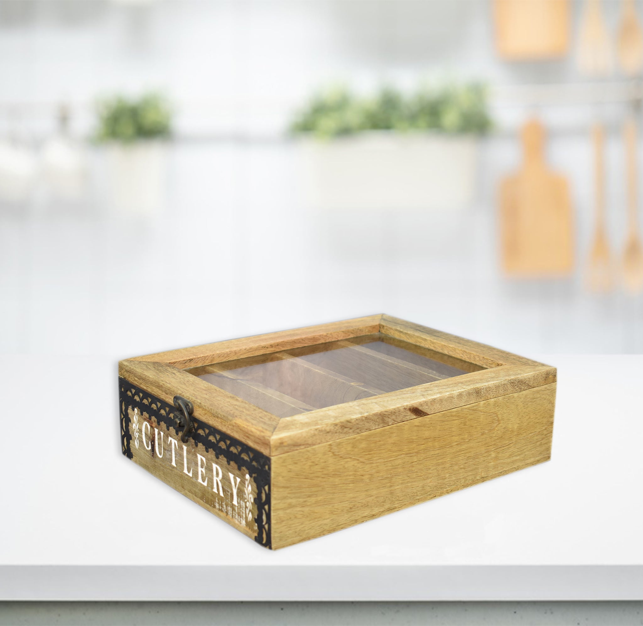 Wooden Engraved Cutlery Box with Metal Cladding (GD1830)