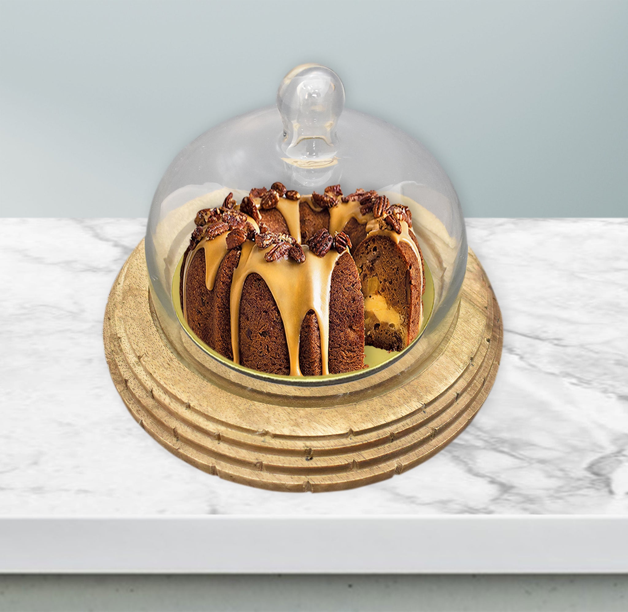 Wooden Carved, Cake Dome with Glass Lid (GD2320)