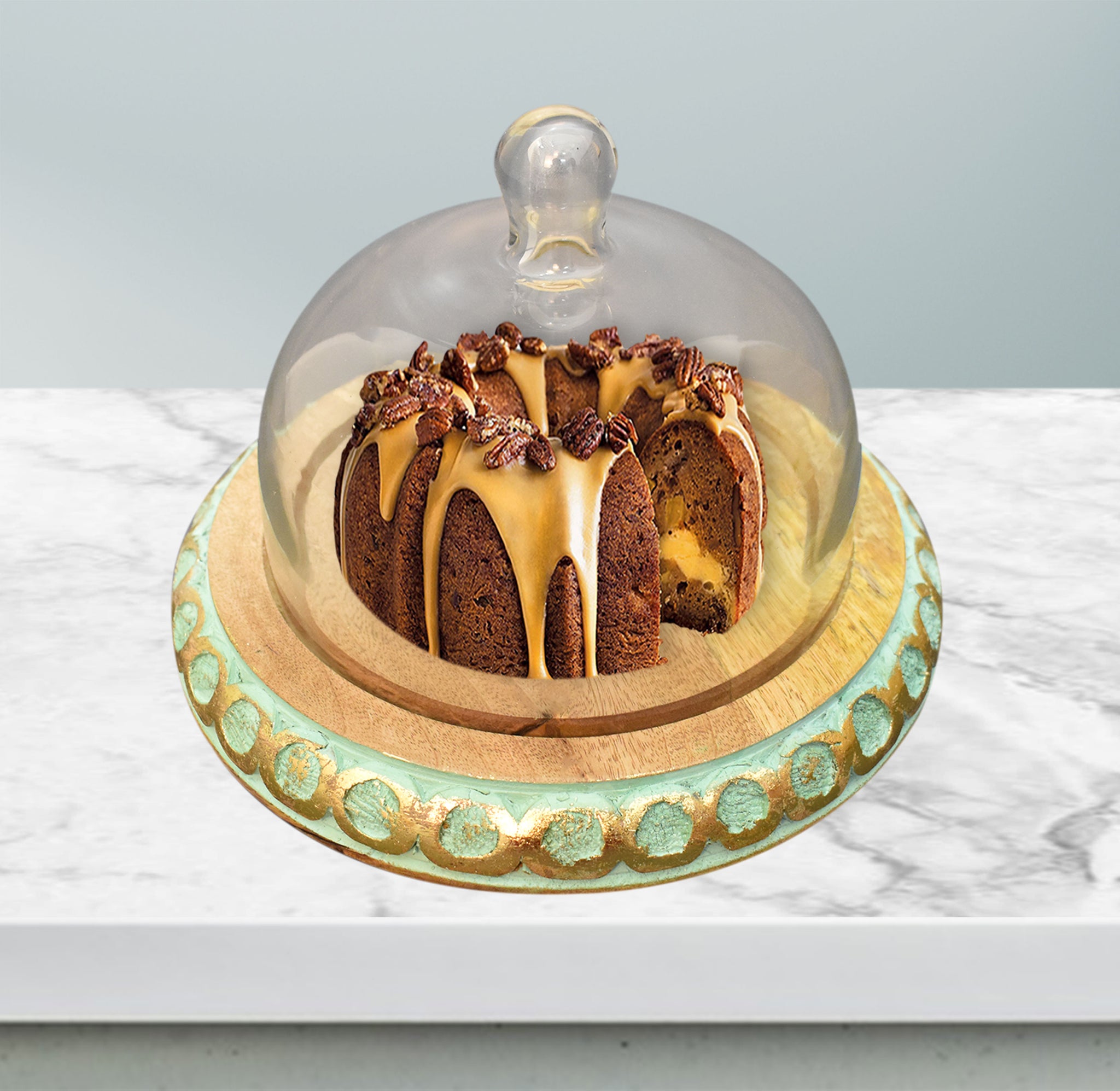 Wooden Carved, Cake Dome with Glass Lid (GD2322)