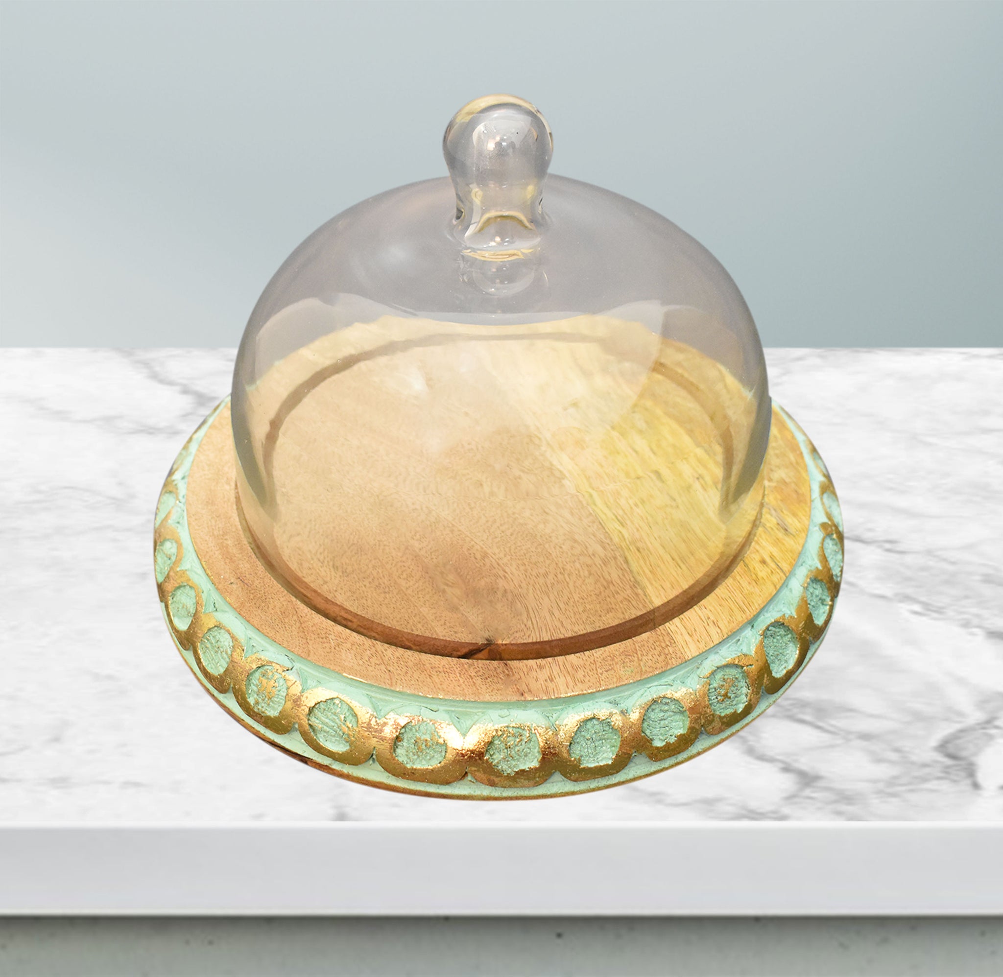 Wooden Carved, Cake Dome with Glass Lid (GD2322)