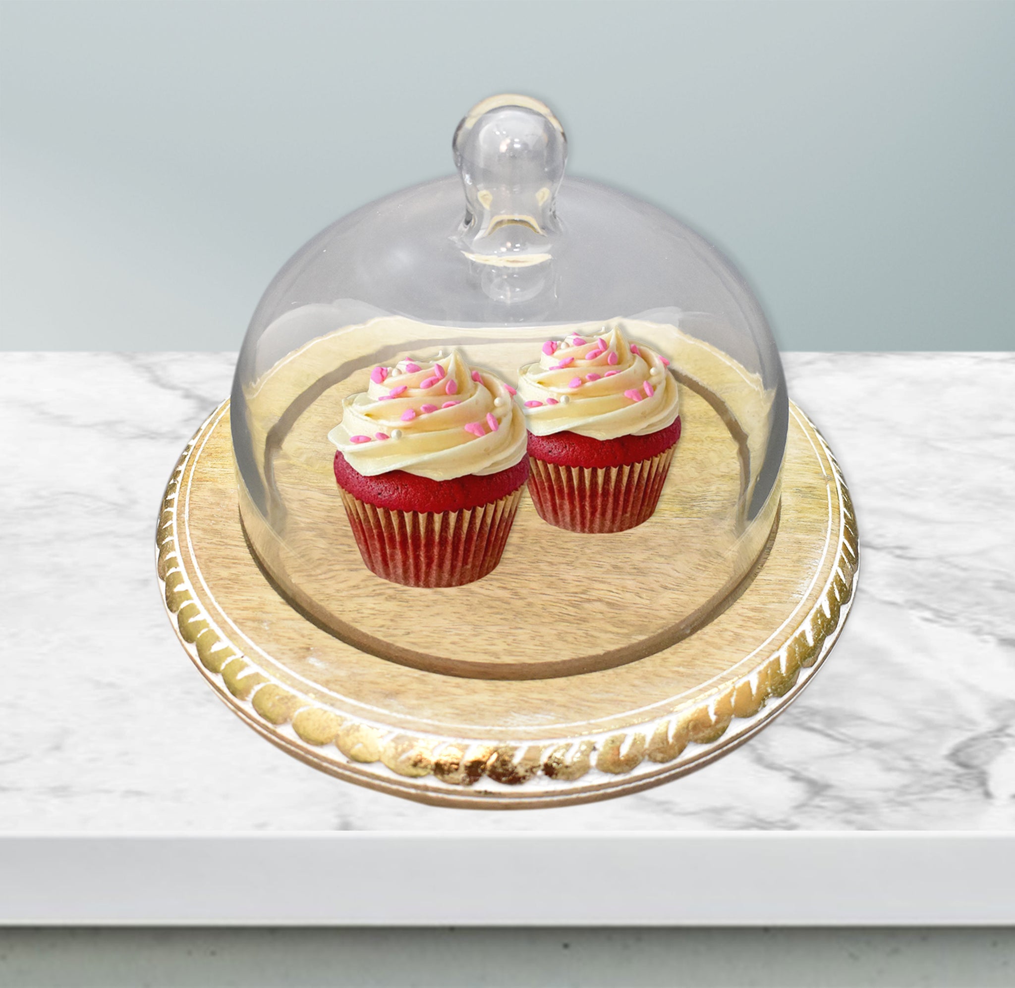 Wooden Carved, Cake Dome with Glass Lid (GD2323)