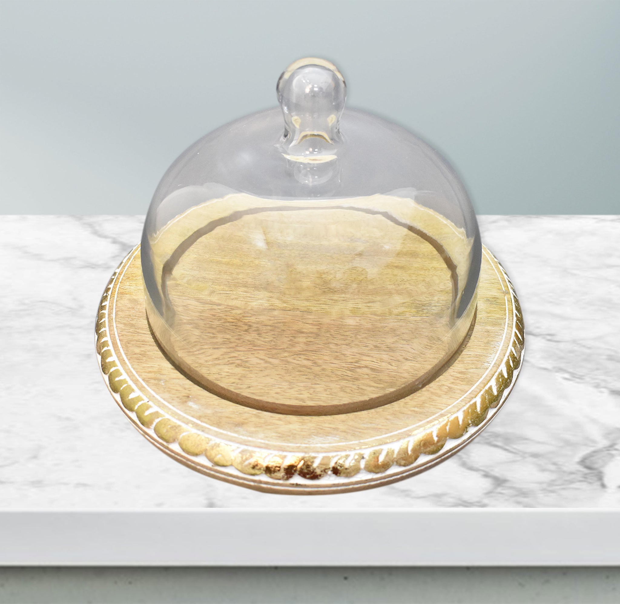 Wooden Carved, Cake Dome with Glass Lid (GD2323)