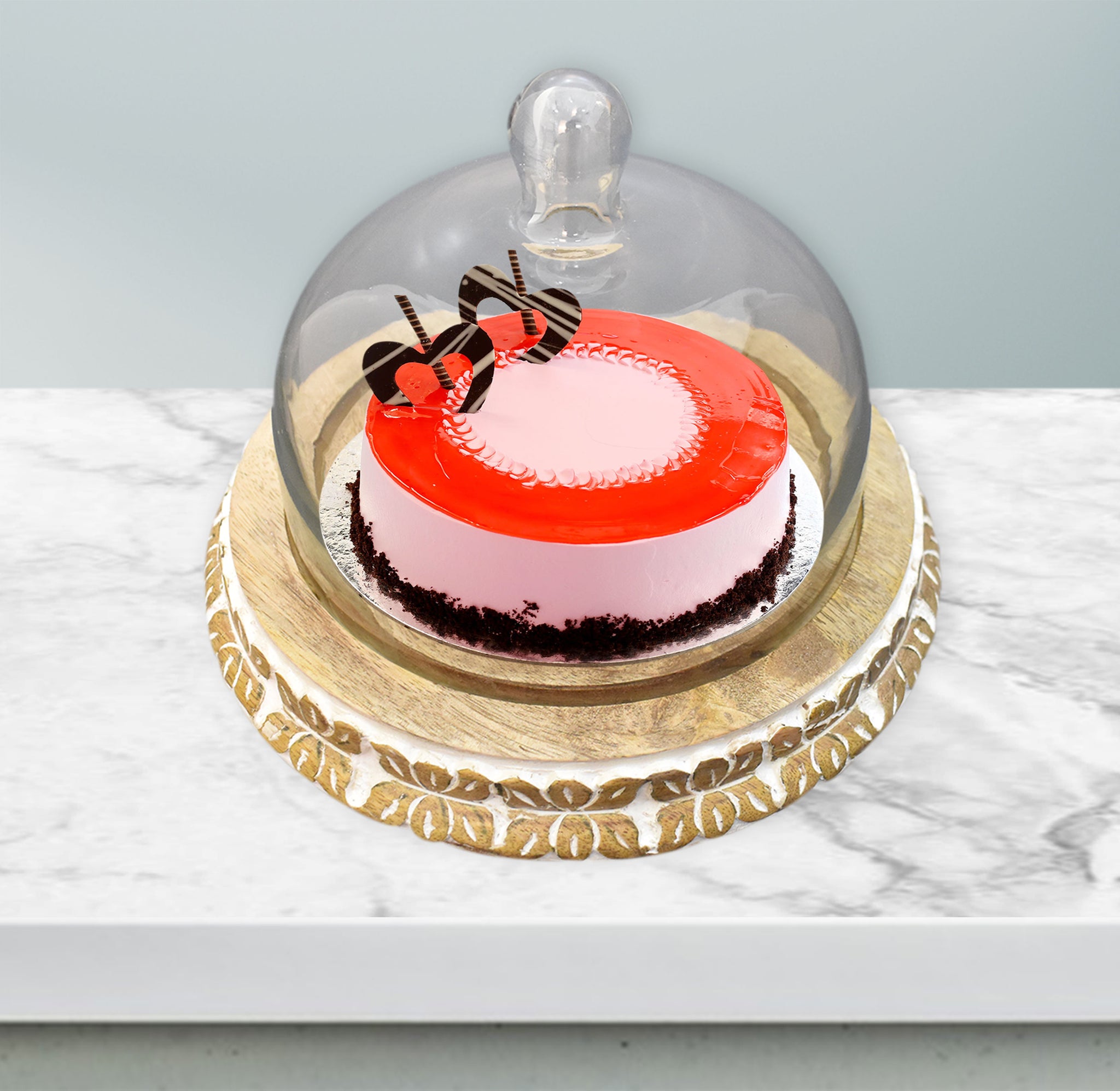 Wooden Carved, Cake Dome with Glass Lid (GD2324)