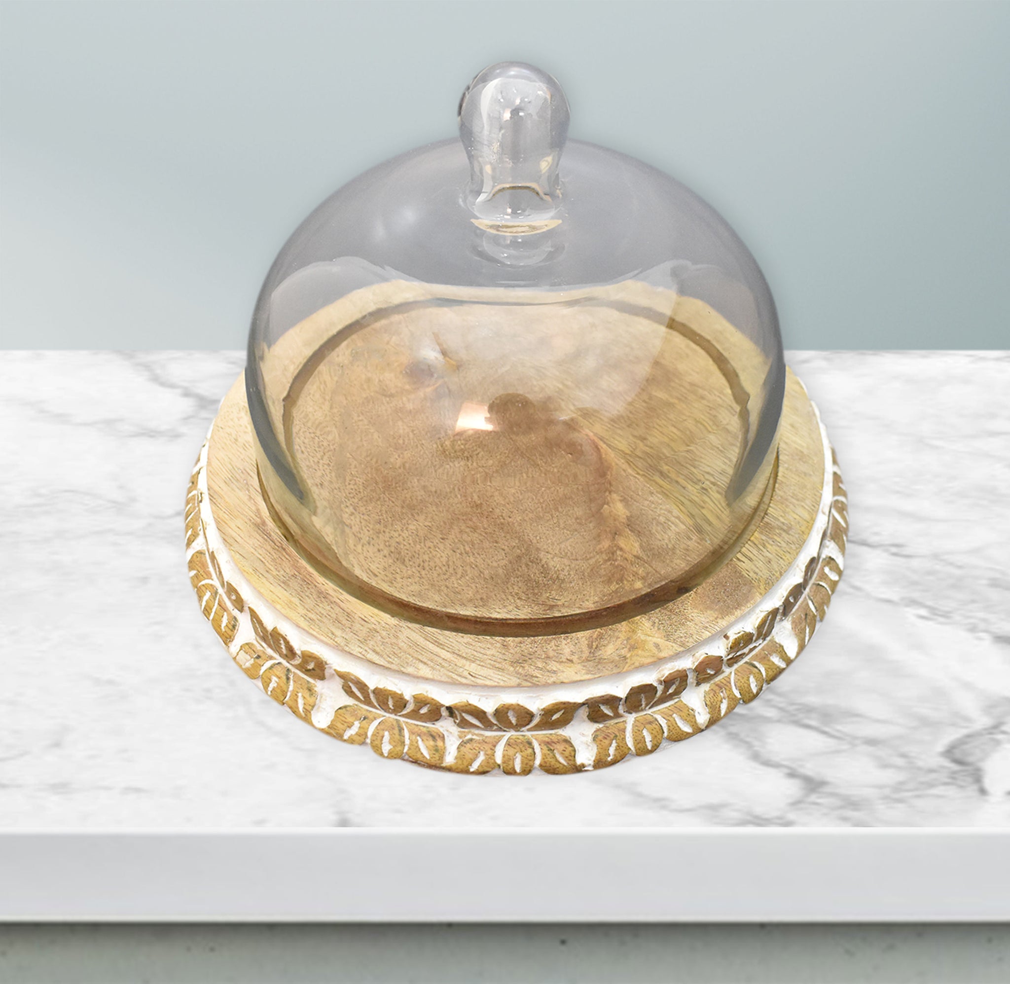 Wooden Carved, Cake Dome with Glass Lid (GD2324)