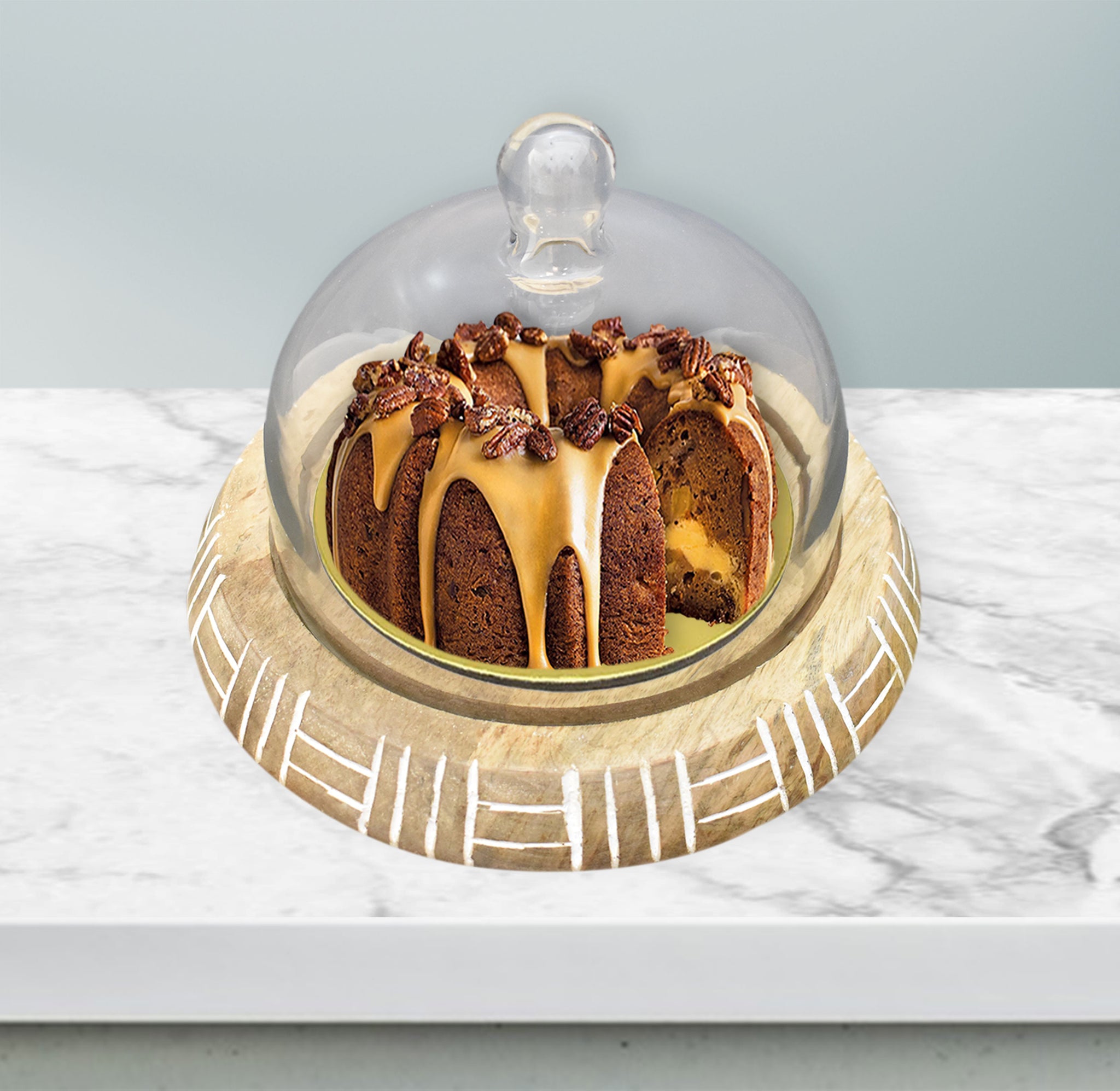 Wooden Carved, Cake Dome with Glass Lid (GD2325)