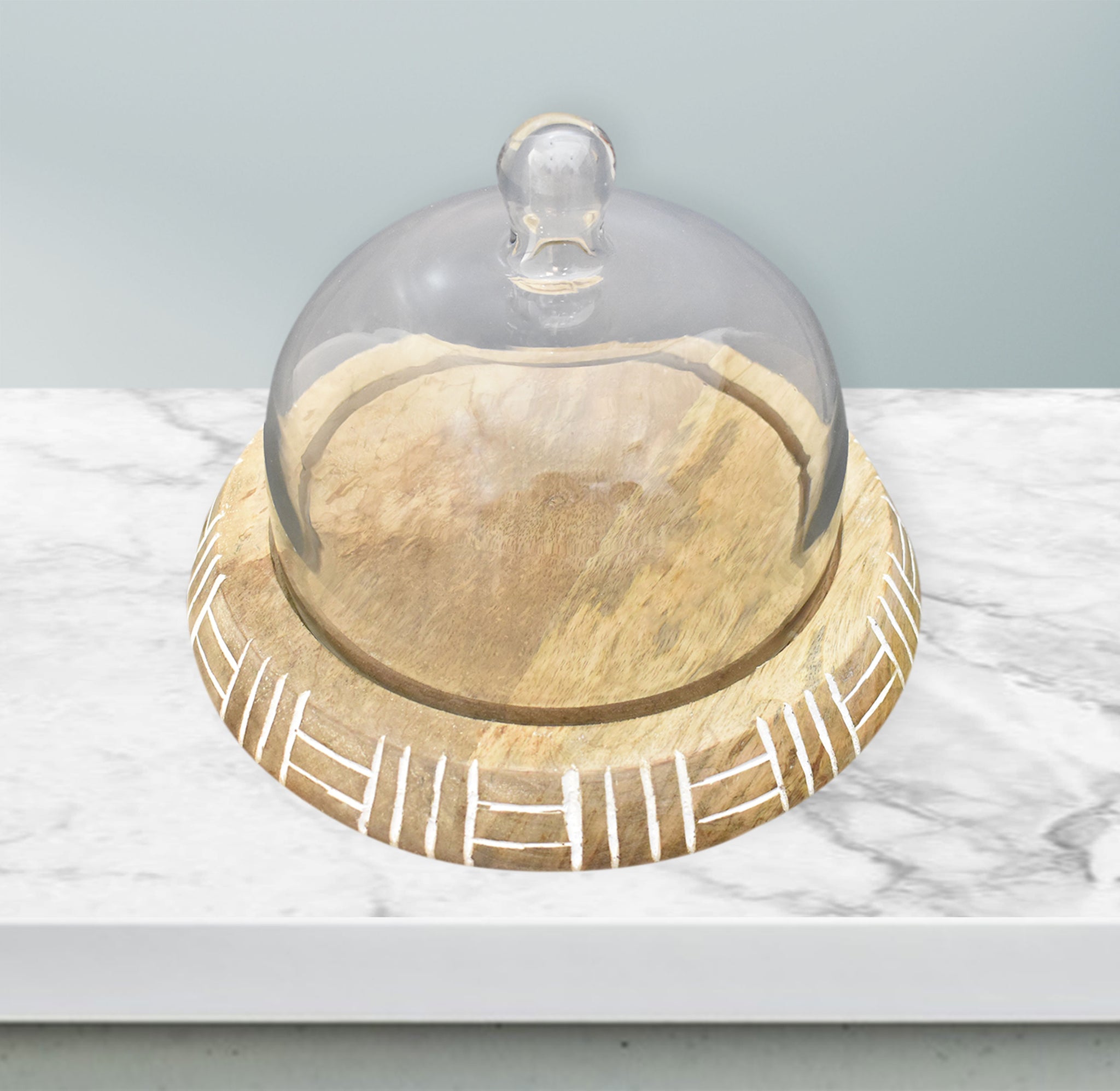 Wooden Carved, Cake Dome with Glass Lid (GD2325)