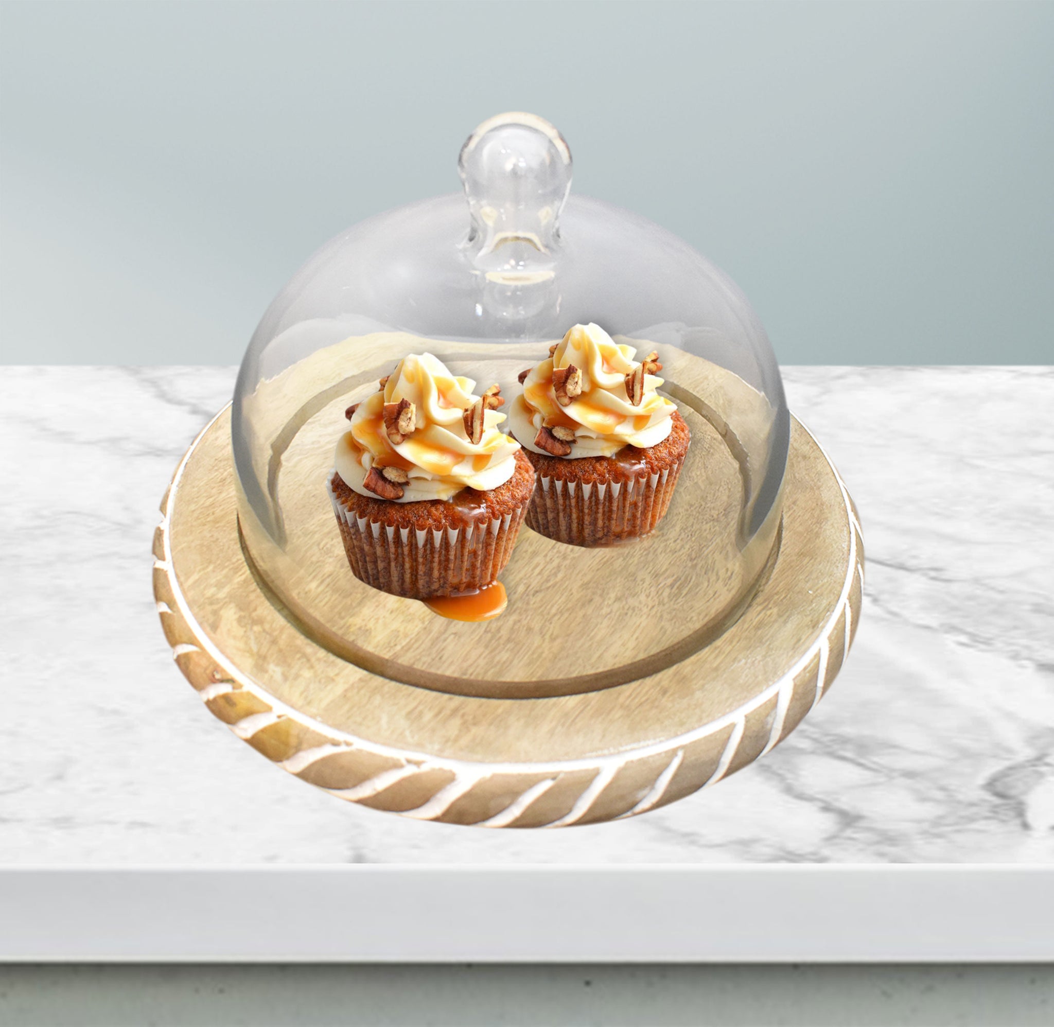 Wooden Carved, Cake Dome with Glass Lid (GD2326)