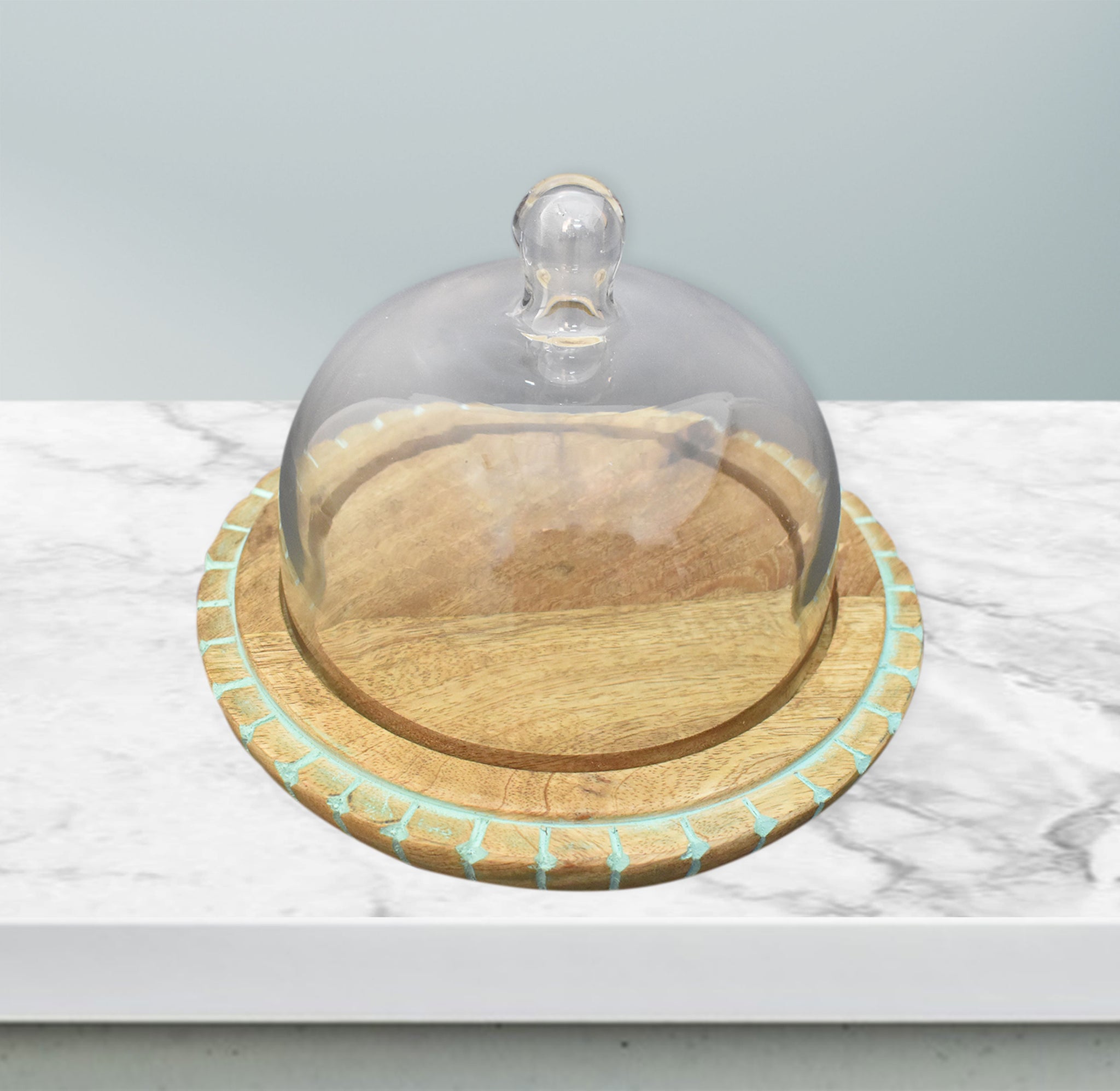 Wooden Carved, Cake Dome with Glass Lid (GD2328)