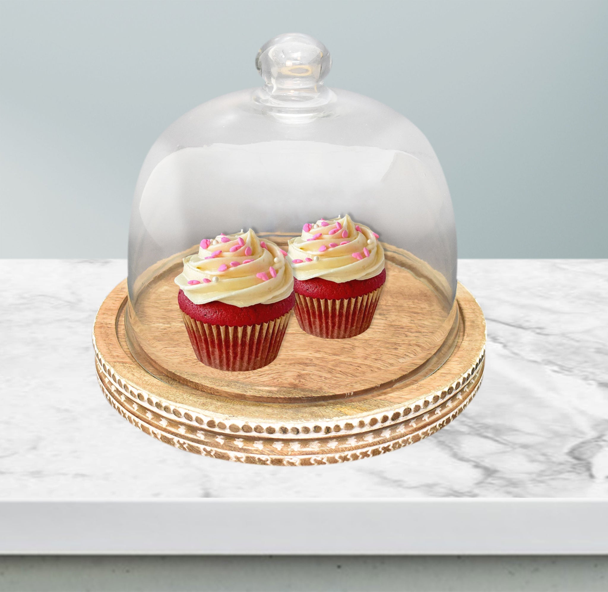 Wooden Carved, Cake Dome with Glass Lid (GD2329)