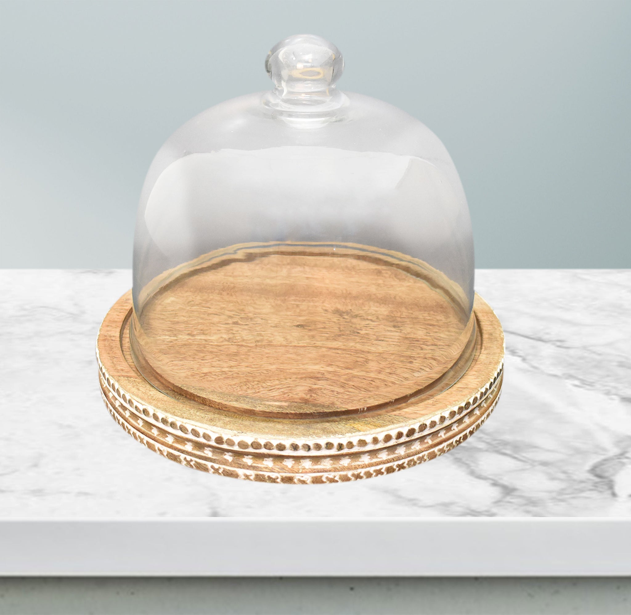 Wooden Carved, Cake Dome with Glass Lid (GD2329)