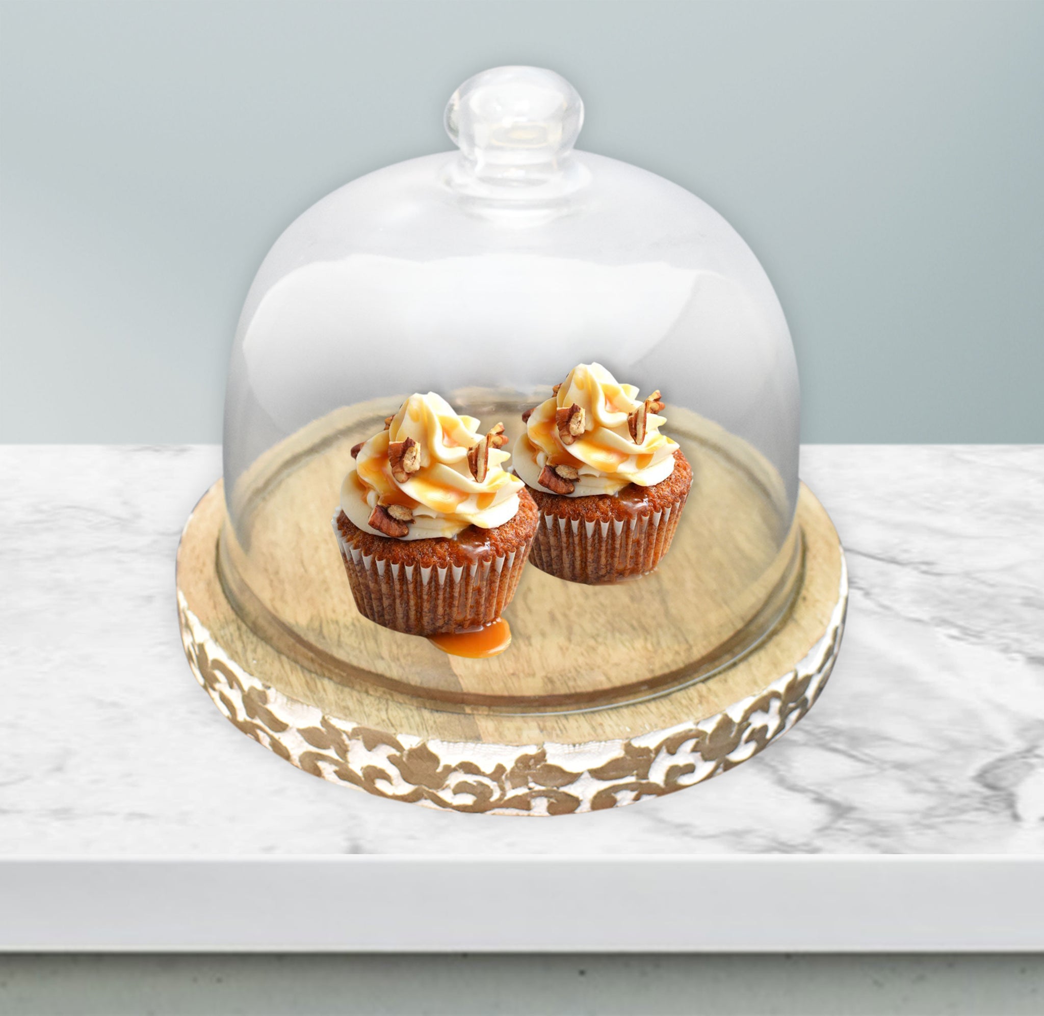 Wooden Carved, Cake Dome with Glass Lid (GD2330)