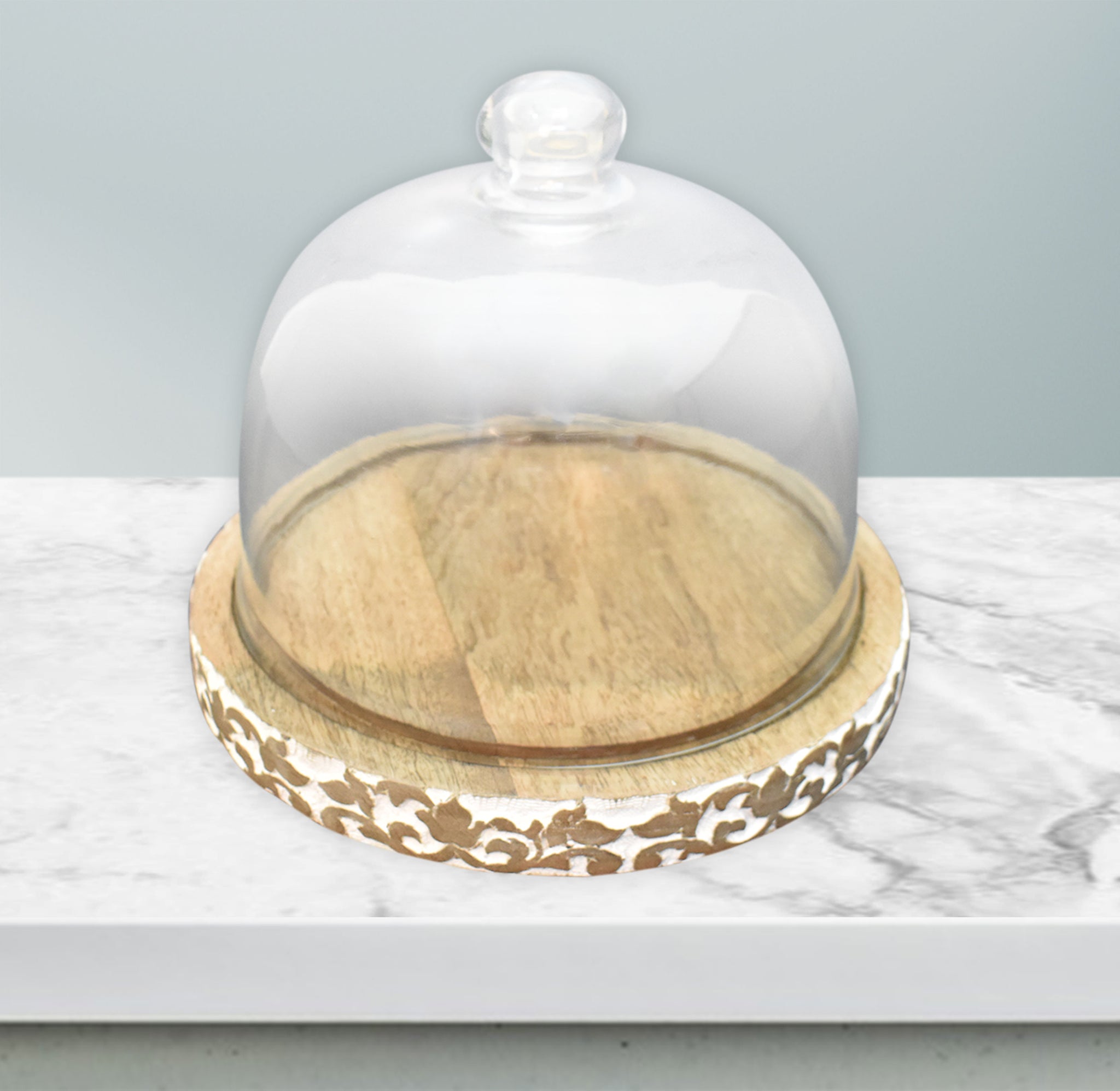 Wooden Carved, Cake Dome with Glass Lid (GD2330)