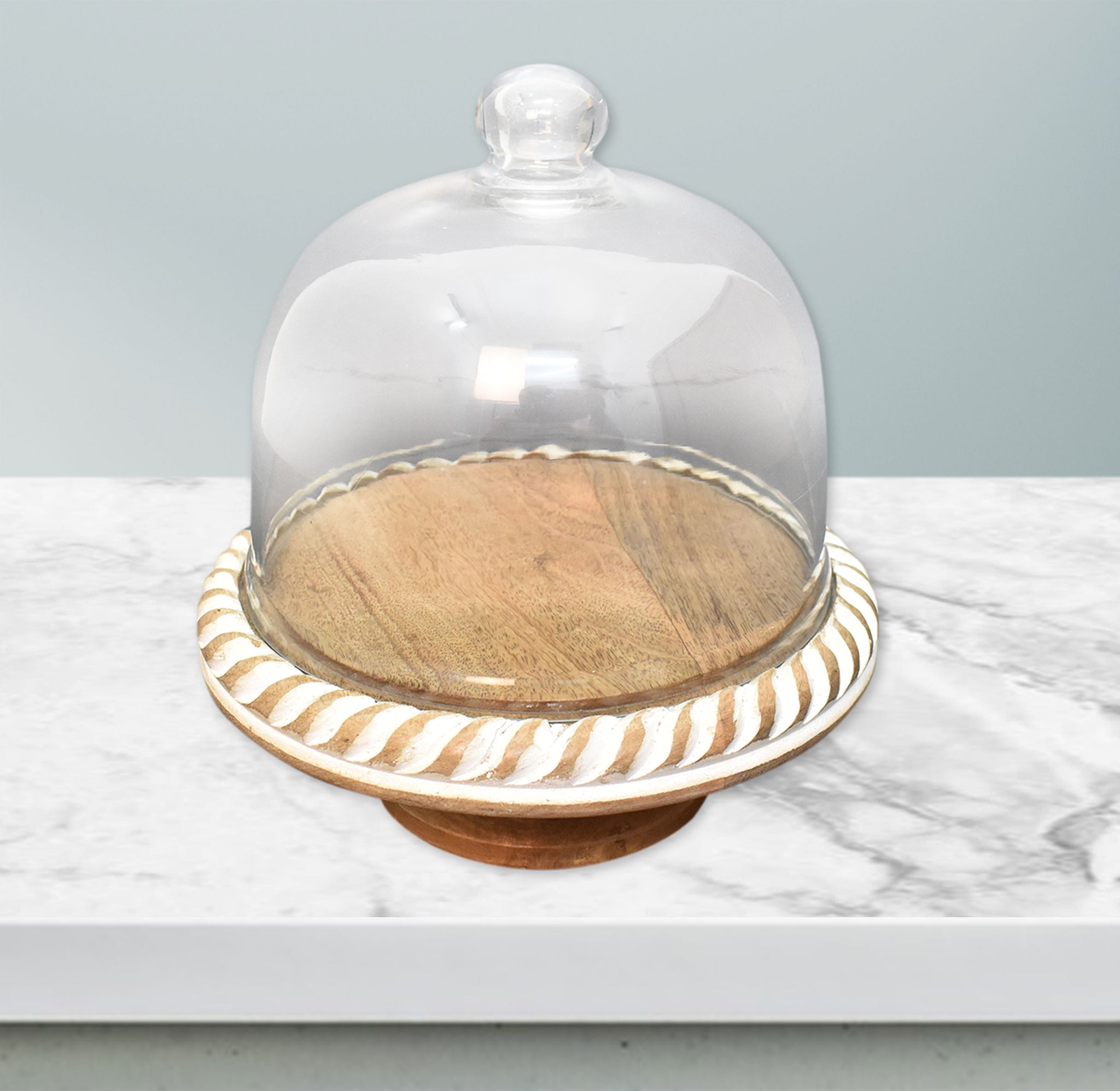 Wooden Carved, Cake  Dome with Glass Lid (GD2331)