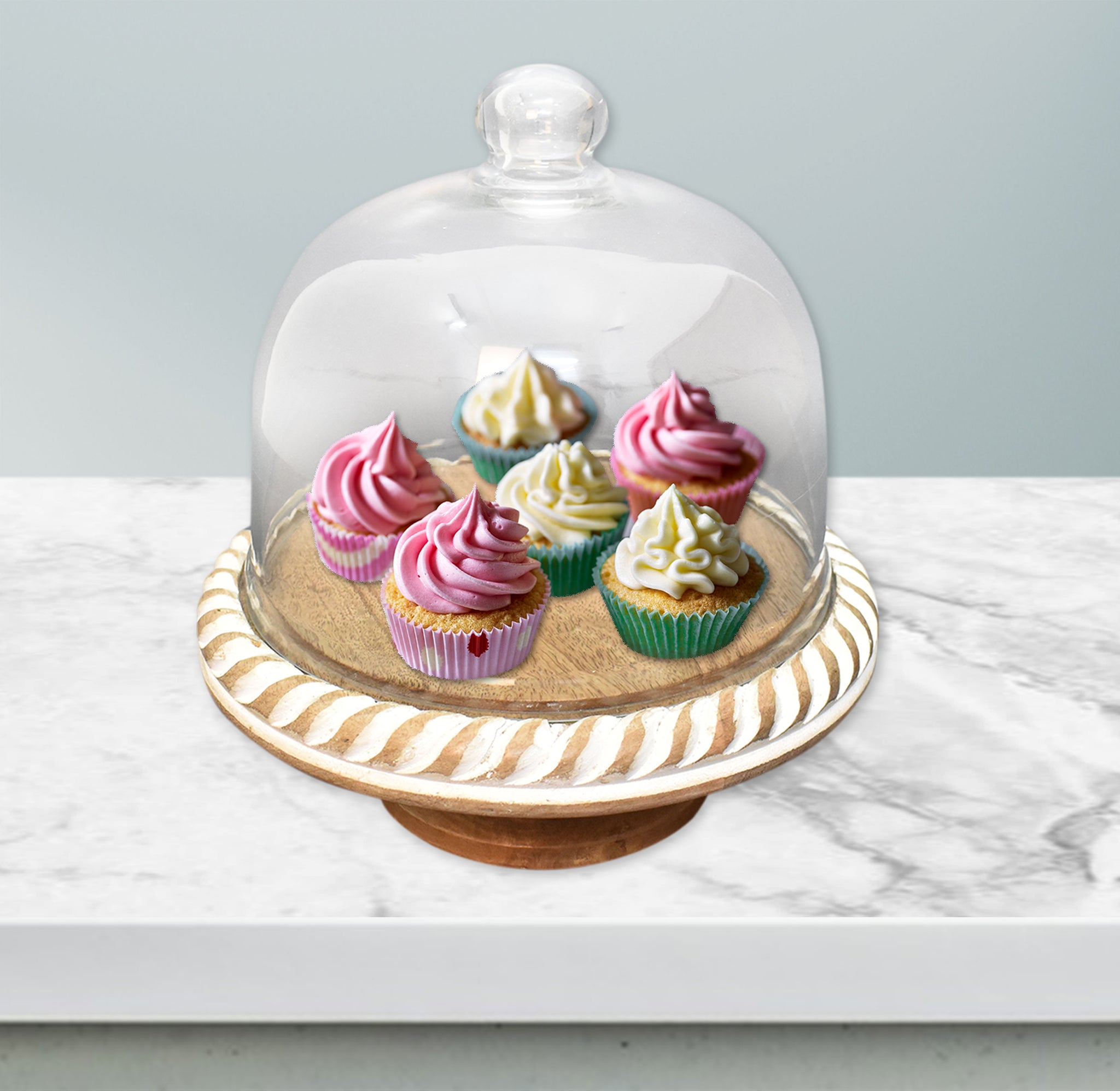 Wooden Carved, Cake  Dome with Glass Lid (GD2331)