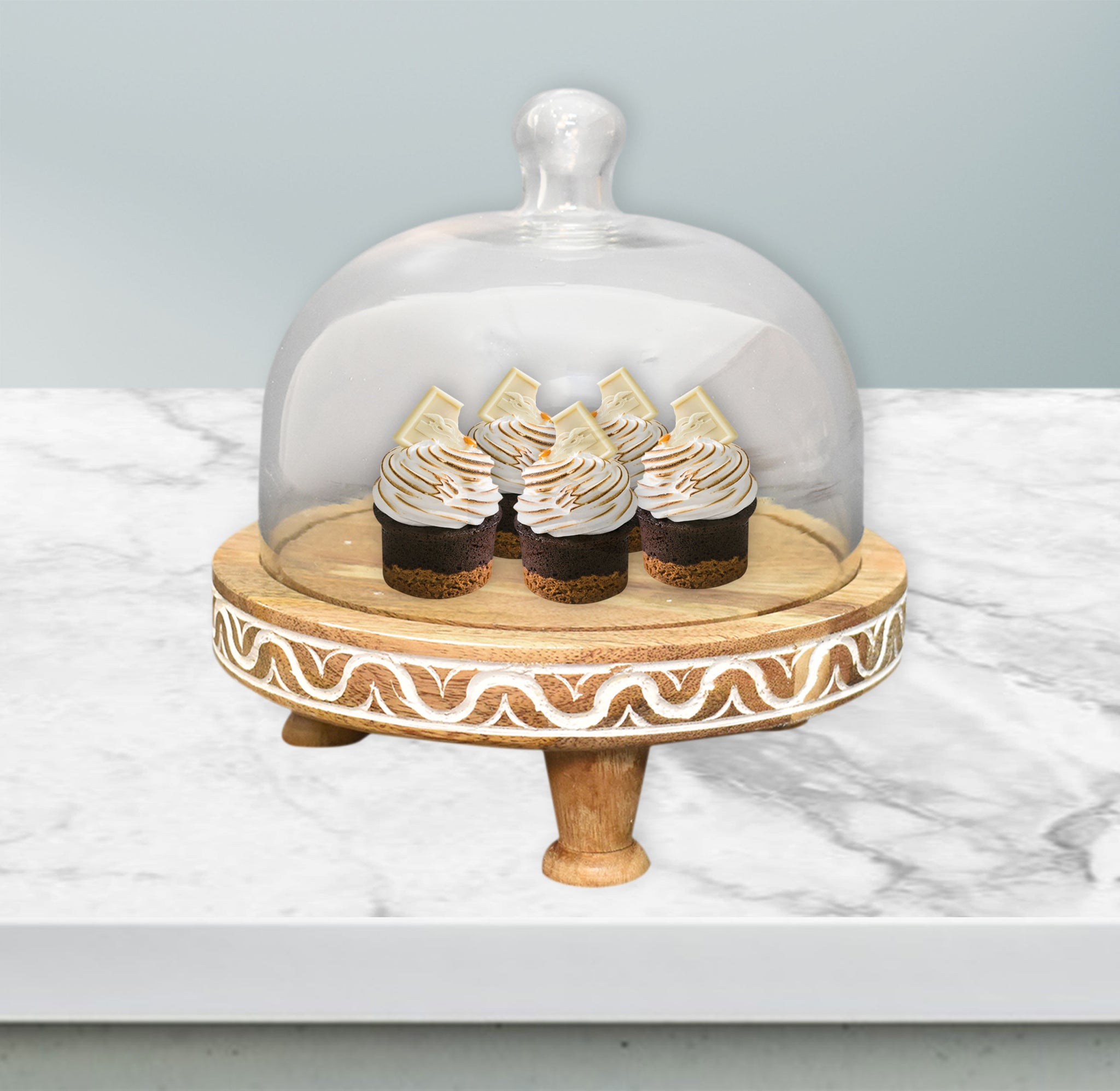 Wooden Carved, Cake Dome with Glass Lid (GD3059)