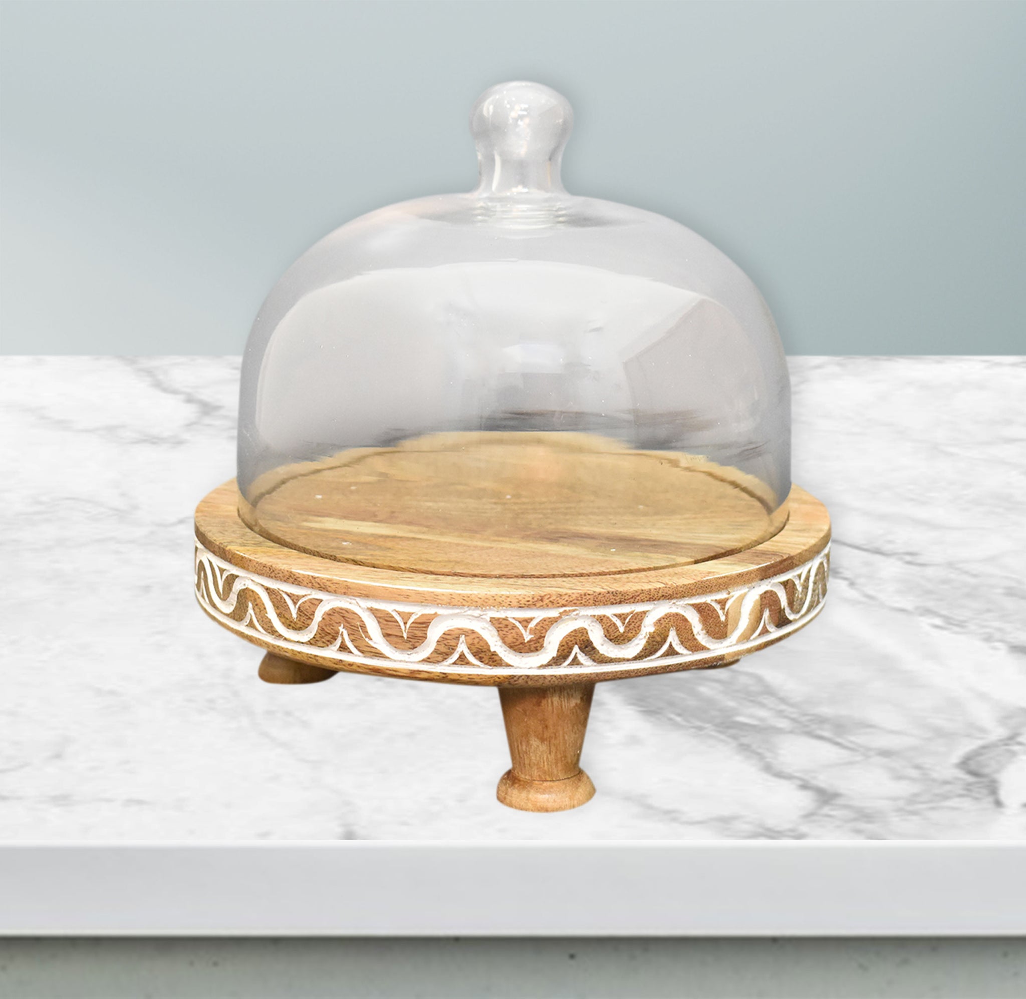 Wooden Carved, Cake Dome with Glass Lid (GD3059)