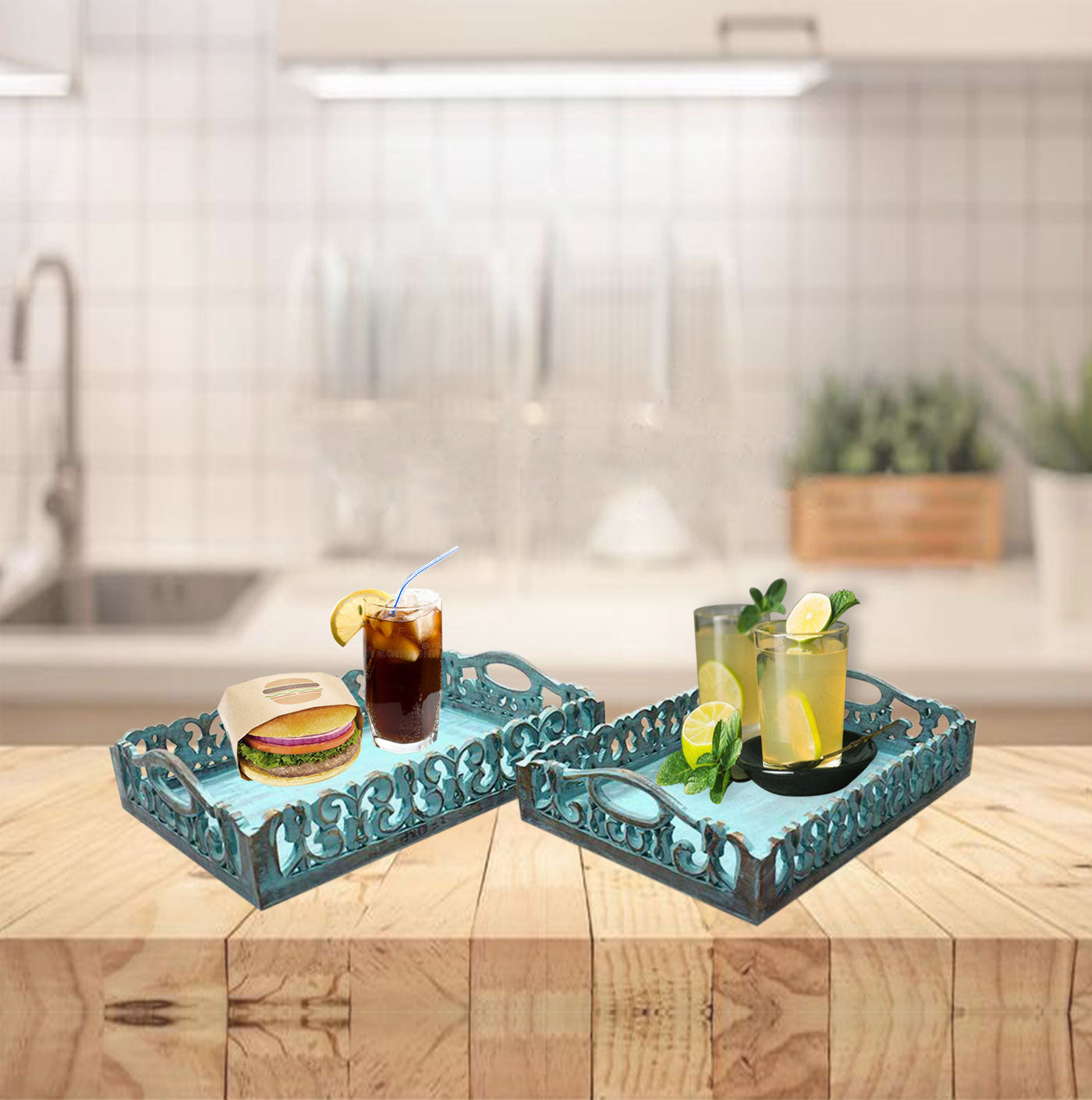 Turquoise Wooden Tray Set  (GD1297)