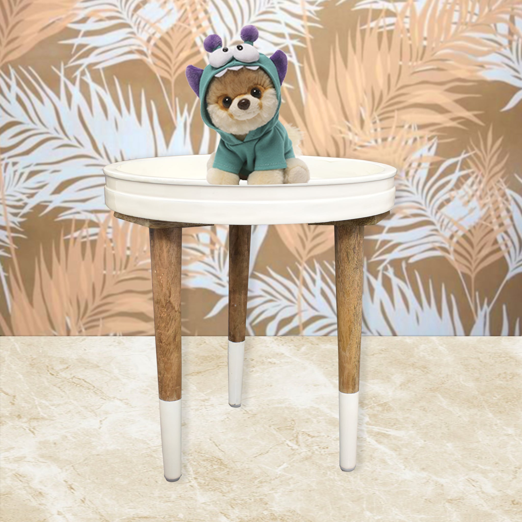 Decal Ivory White Printed, Round Wooden Table (GD1958)