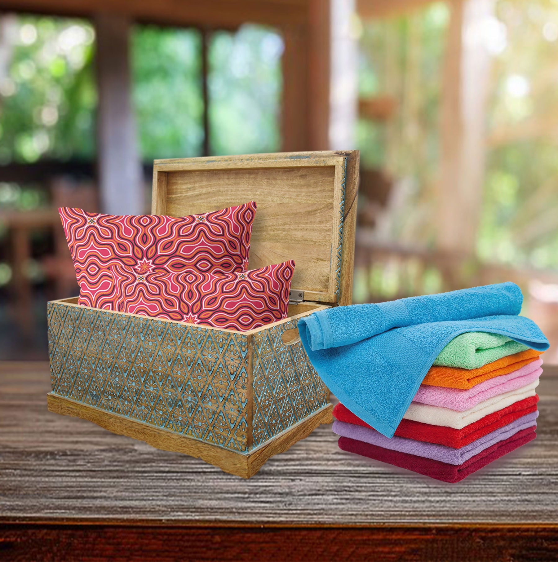 Wooden Carved Turquoise Trunk (GD1647)