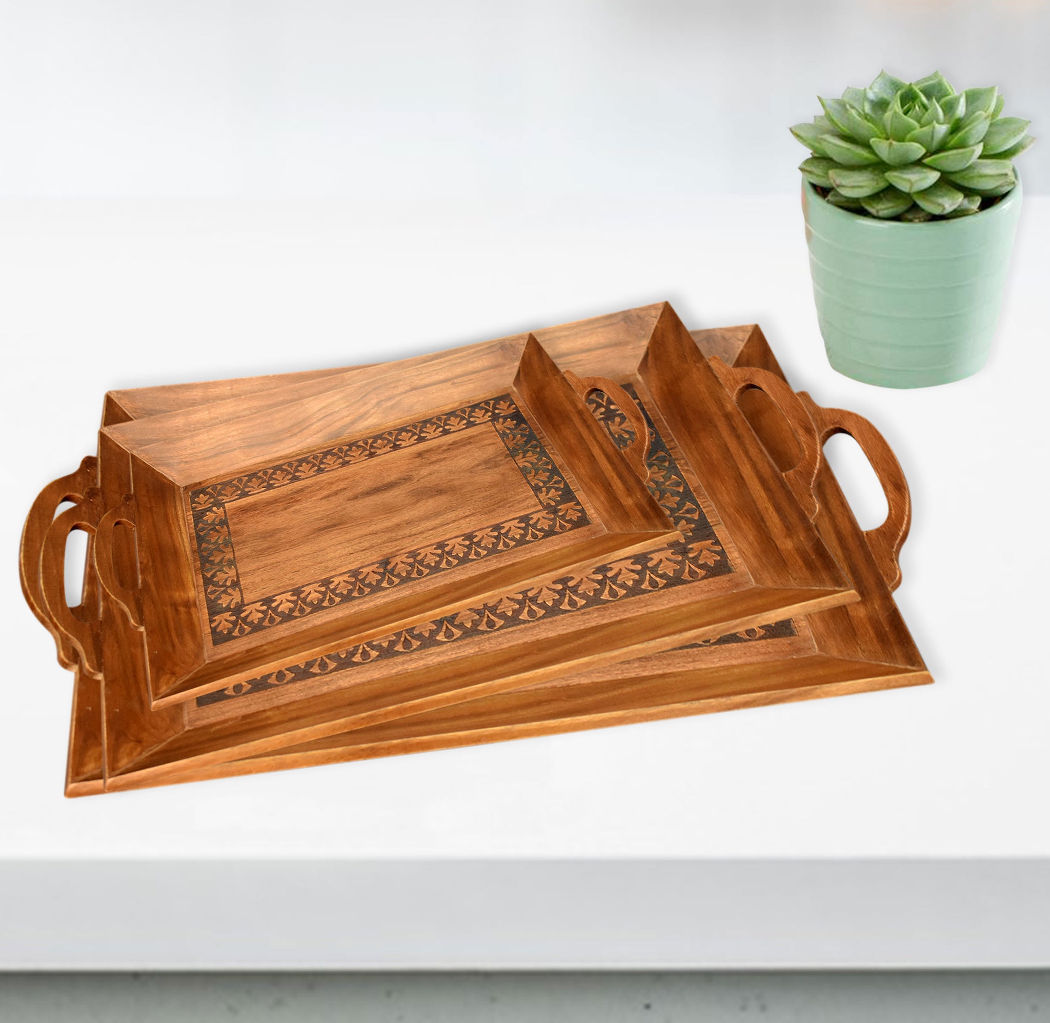 Acacia Wooden Carved Serving Tray Set (GD2283)