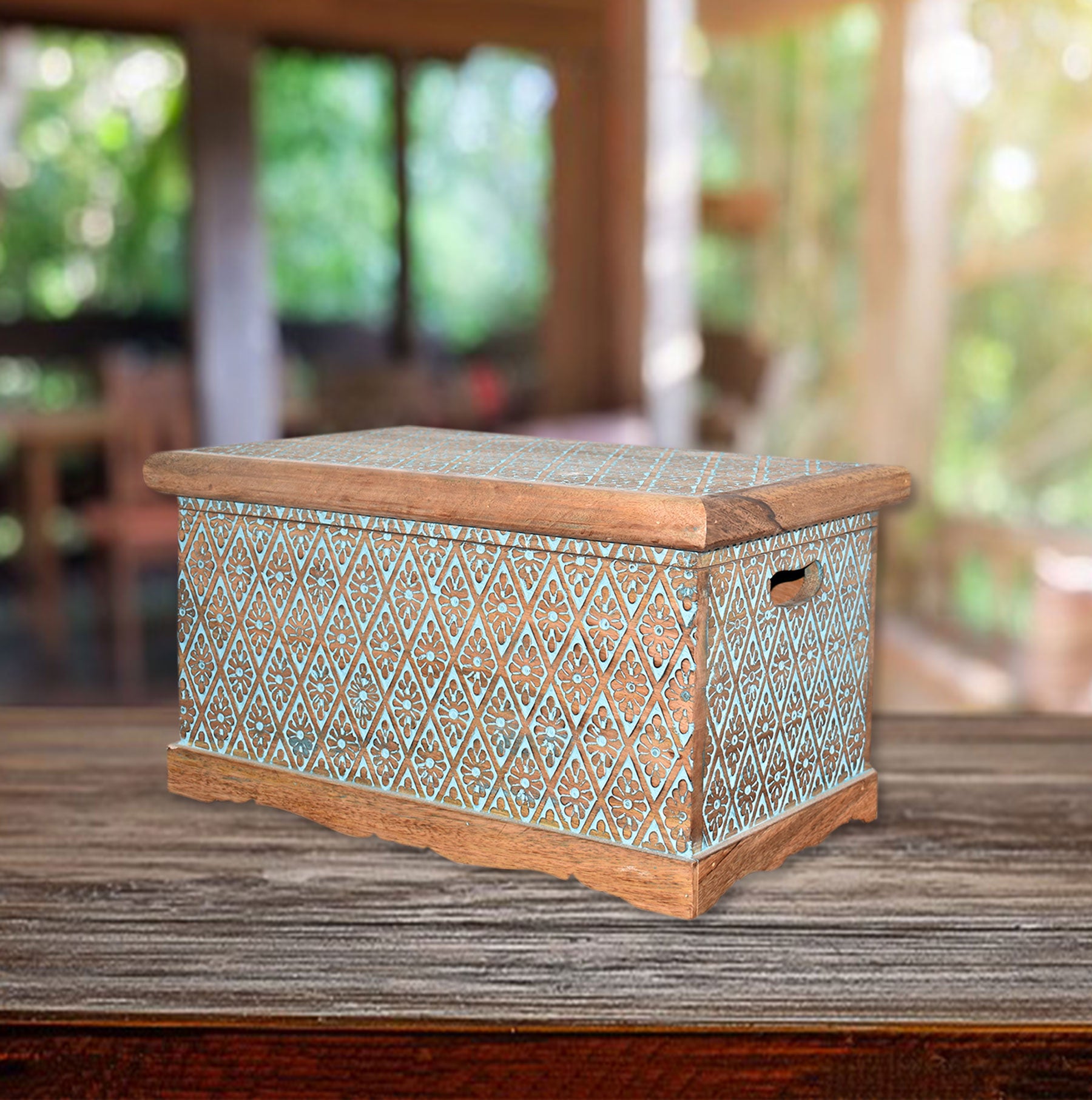 Wooden Carved Turquoise Trunk (GD1647)