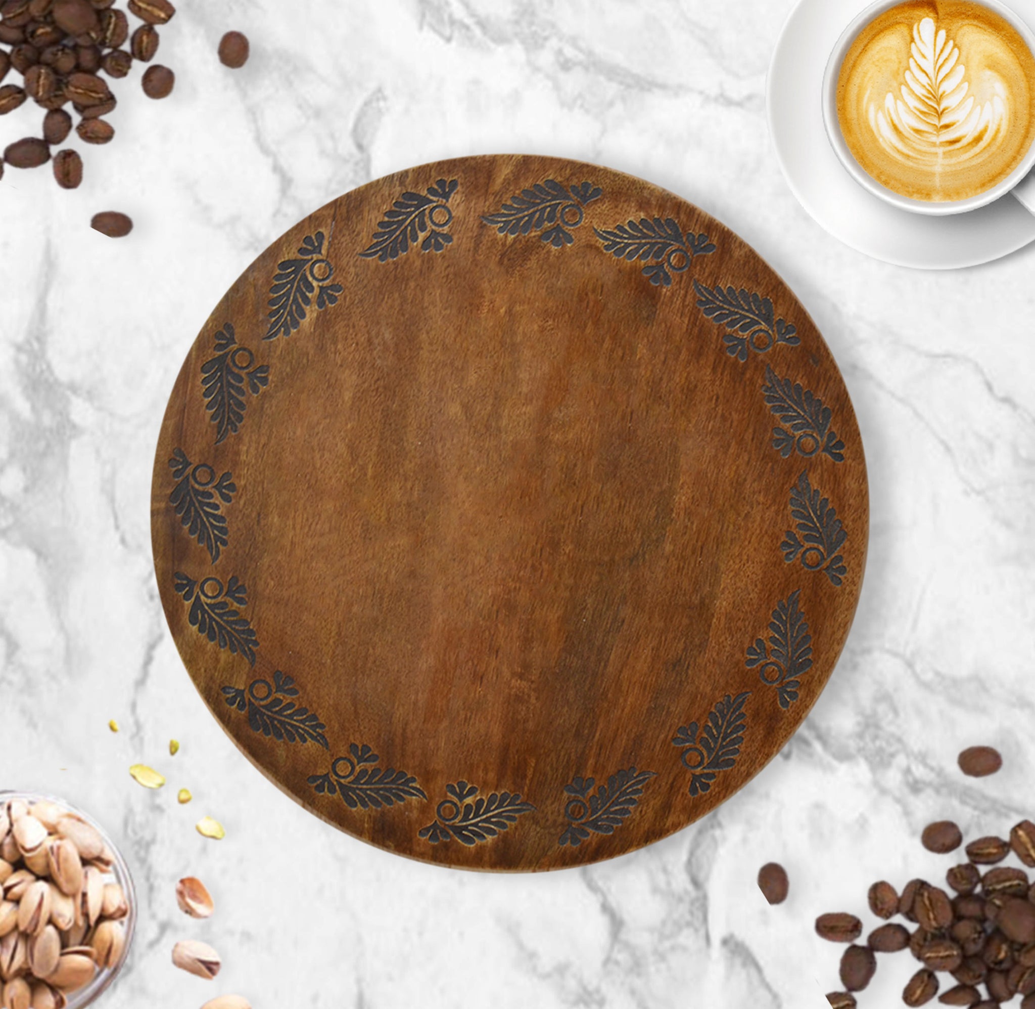 Wooden Engraved Lazy Susan - Floral Leaves (GD1651)