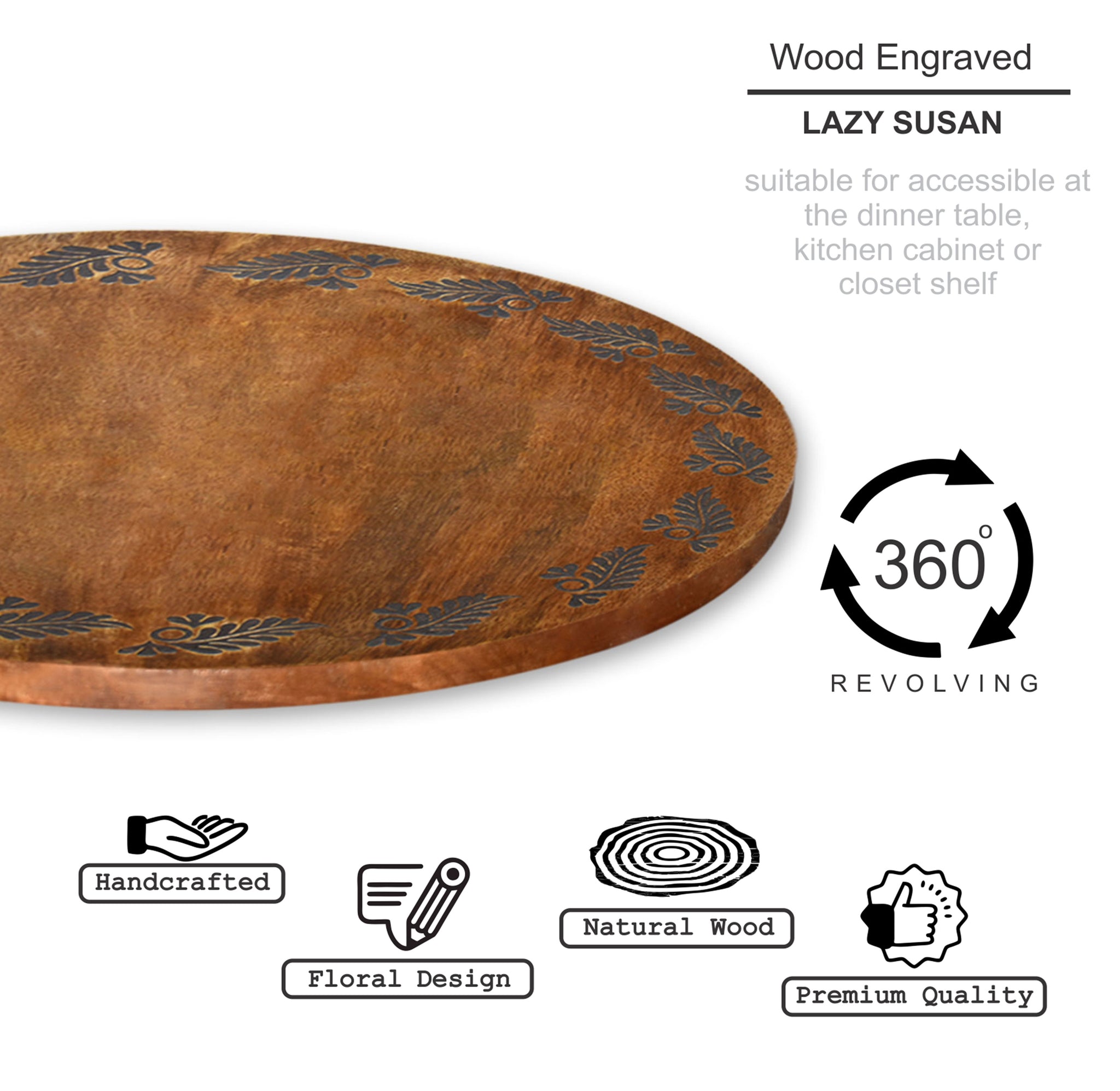 Wooden Engraved Lazy Susan - Floral Leaves (GD1651)