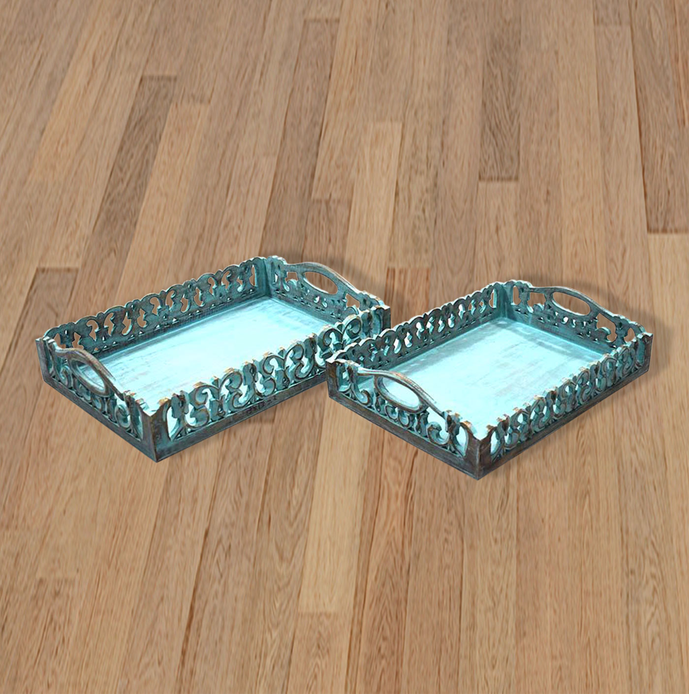 Turquoise Wooden Tray Set  (GD1297)